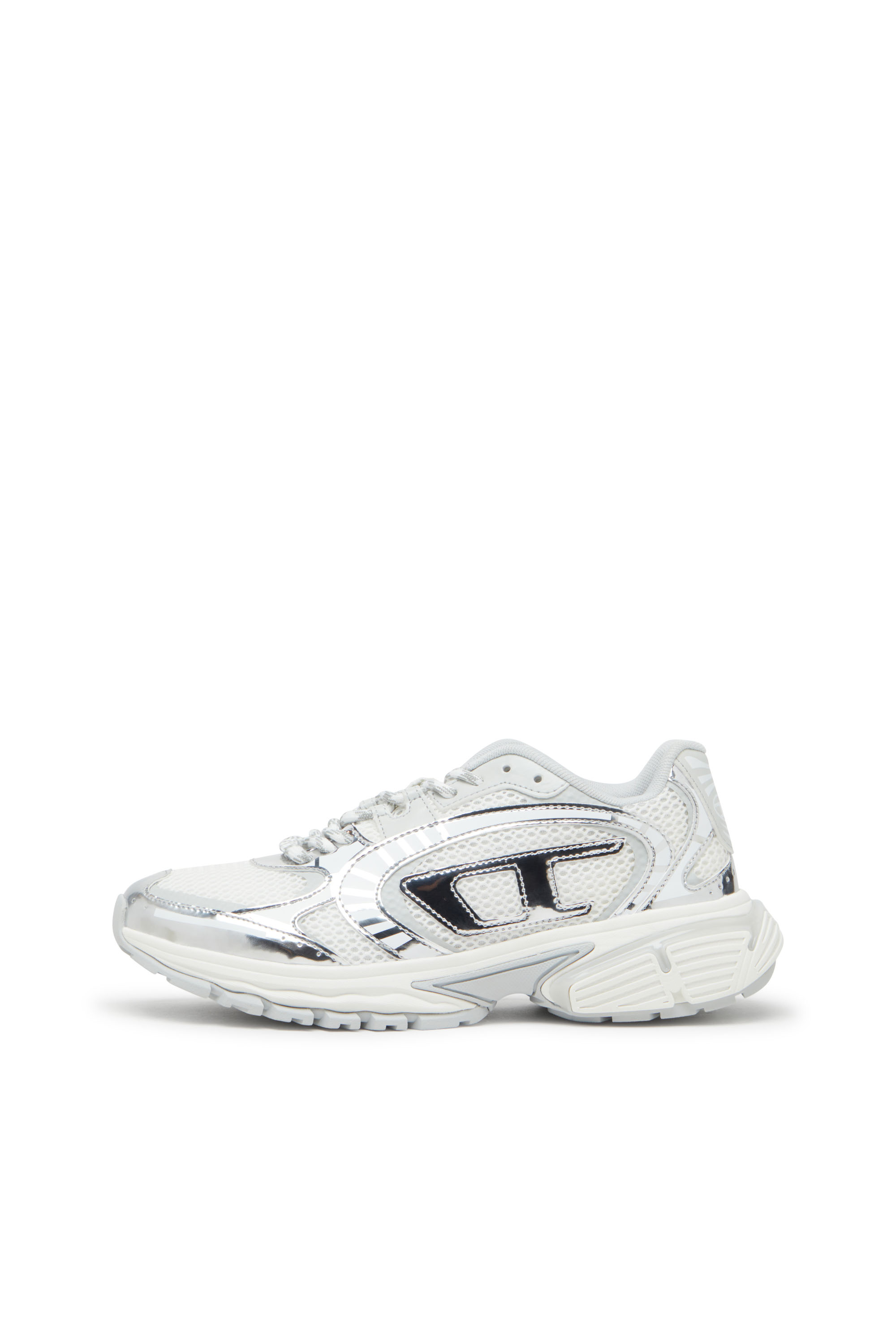 Diesel - S-PRO-V-DENSE LOW W, Woman's Metallic mesh sneakers with Oval D logo in White/Silver - 7