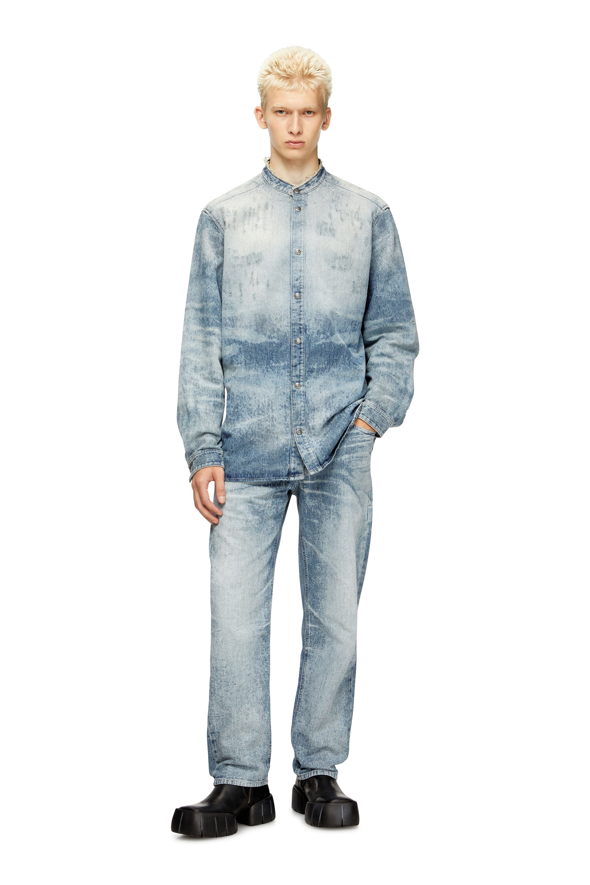 Diesel - D-SIMP-FSH, Man's Shirt in distressed honeycomb denim in Light Blue - 1