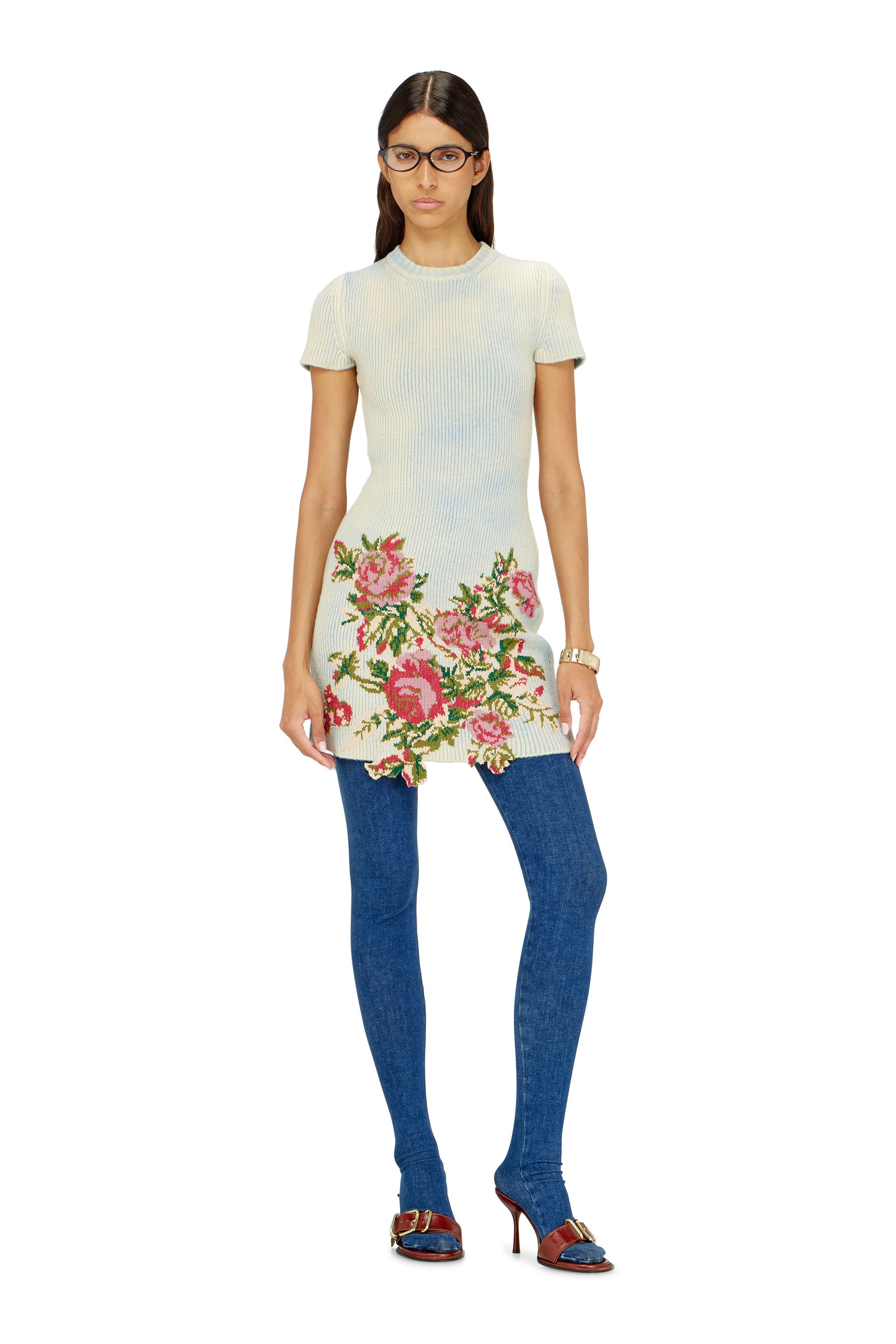 Diesel - M-RINNIE, Woman's Short dress in floral wool-blend knit in White - 2