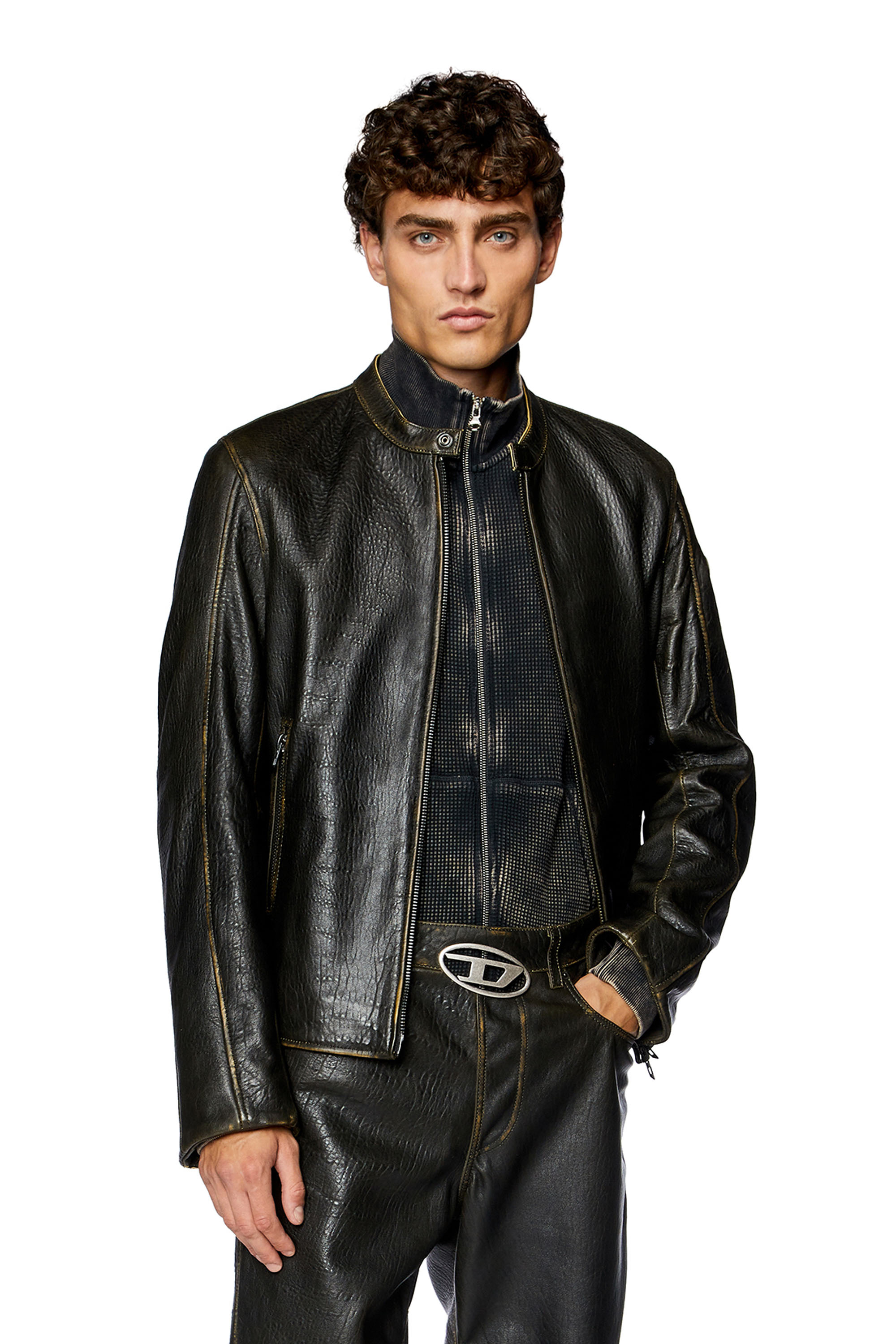 Diesel - L-COBBE, Man Biker jacket in wrinkled leather in Brown - Image 1