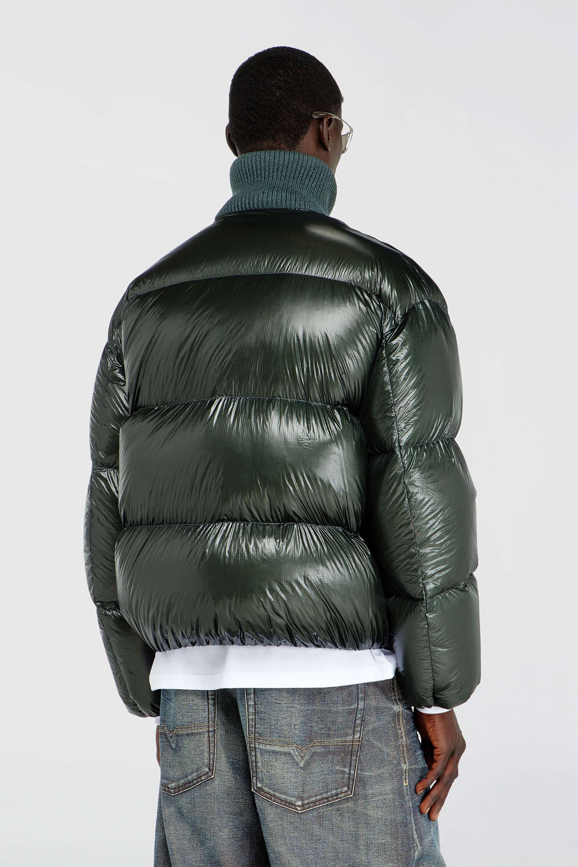 Diesel - W-RIBB, Man's Down puffer jacket in ripstop with ribbed collar in Dark Green - 4