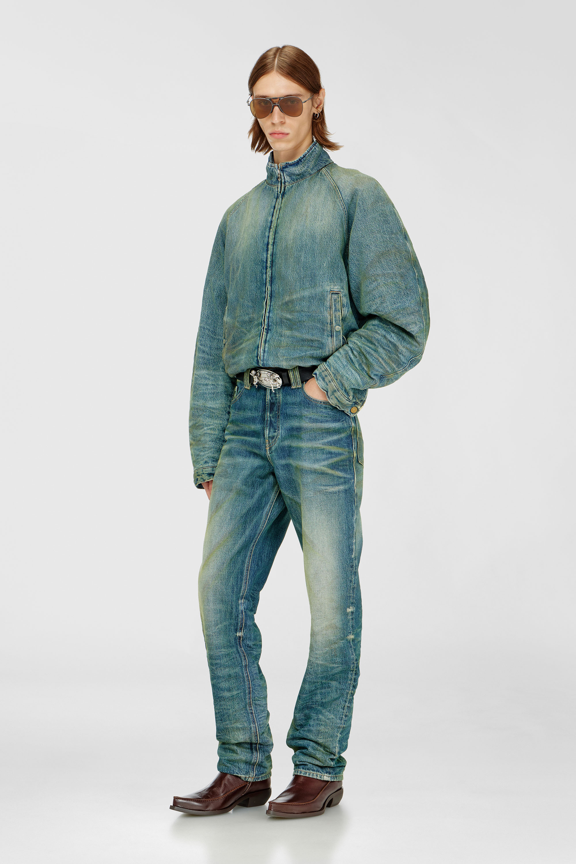 Diesel - D-BARUS-FSJ2, Man's Padded jacket in dirty-effect creased denim in Medium blue - 1