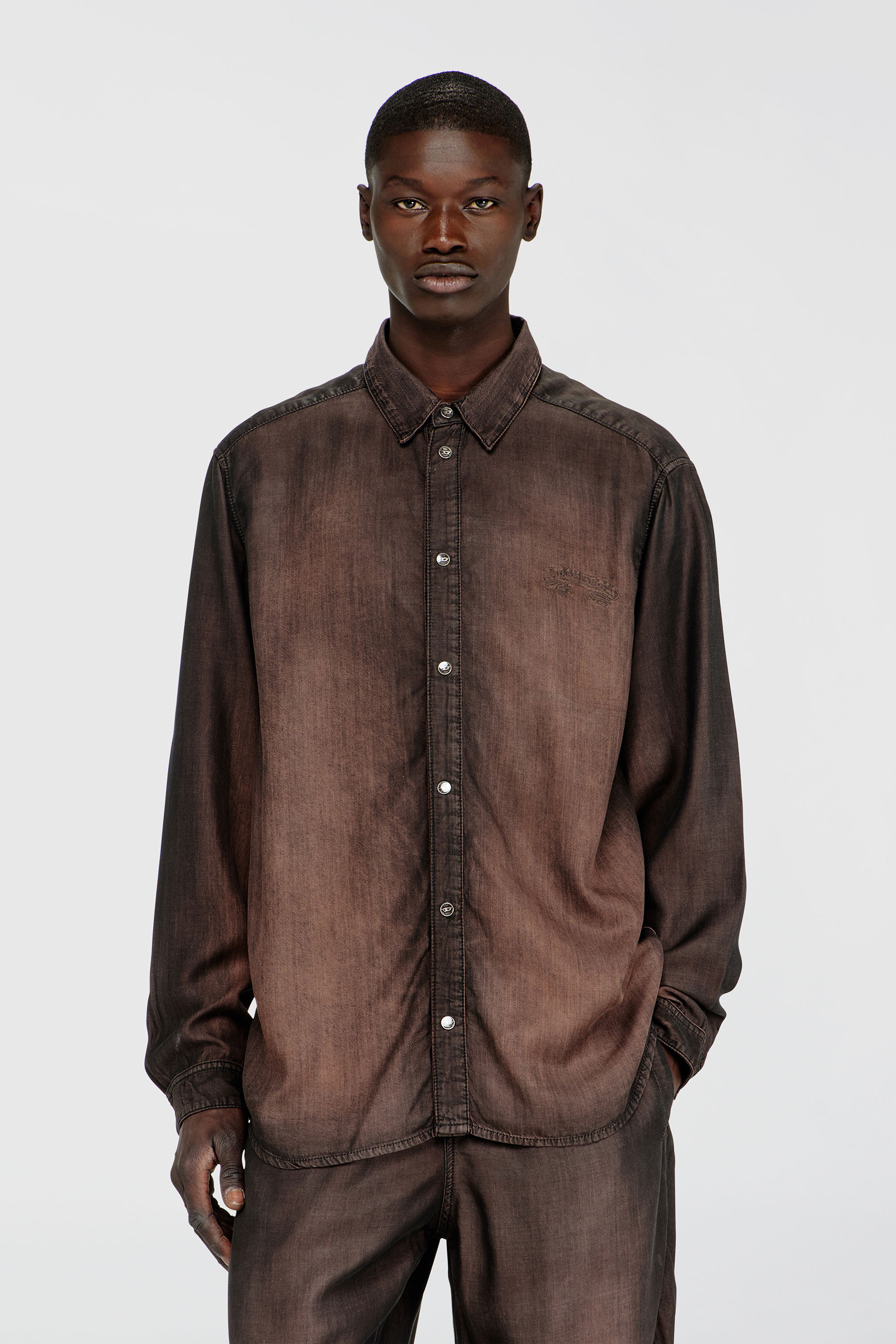 Diesel - D-SIMPLY-S16, Man's Shirt in fluid coated denim in Brown - 3