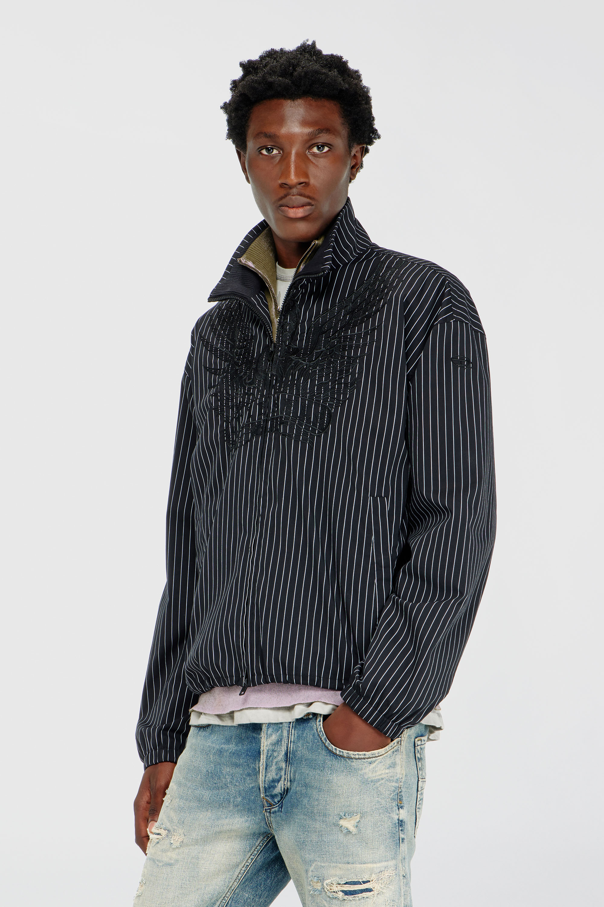 Diesel - J-CORSAR-NJCA, Man's Nylon pinstripe Jacket with Phoenix embroidery in Black - 3