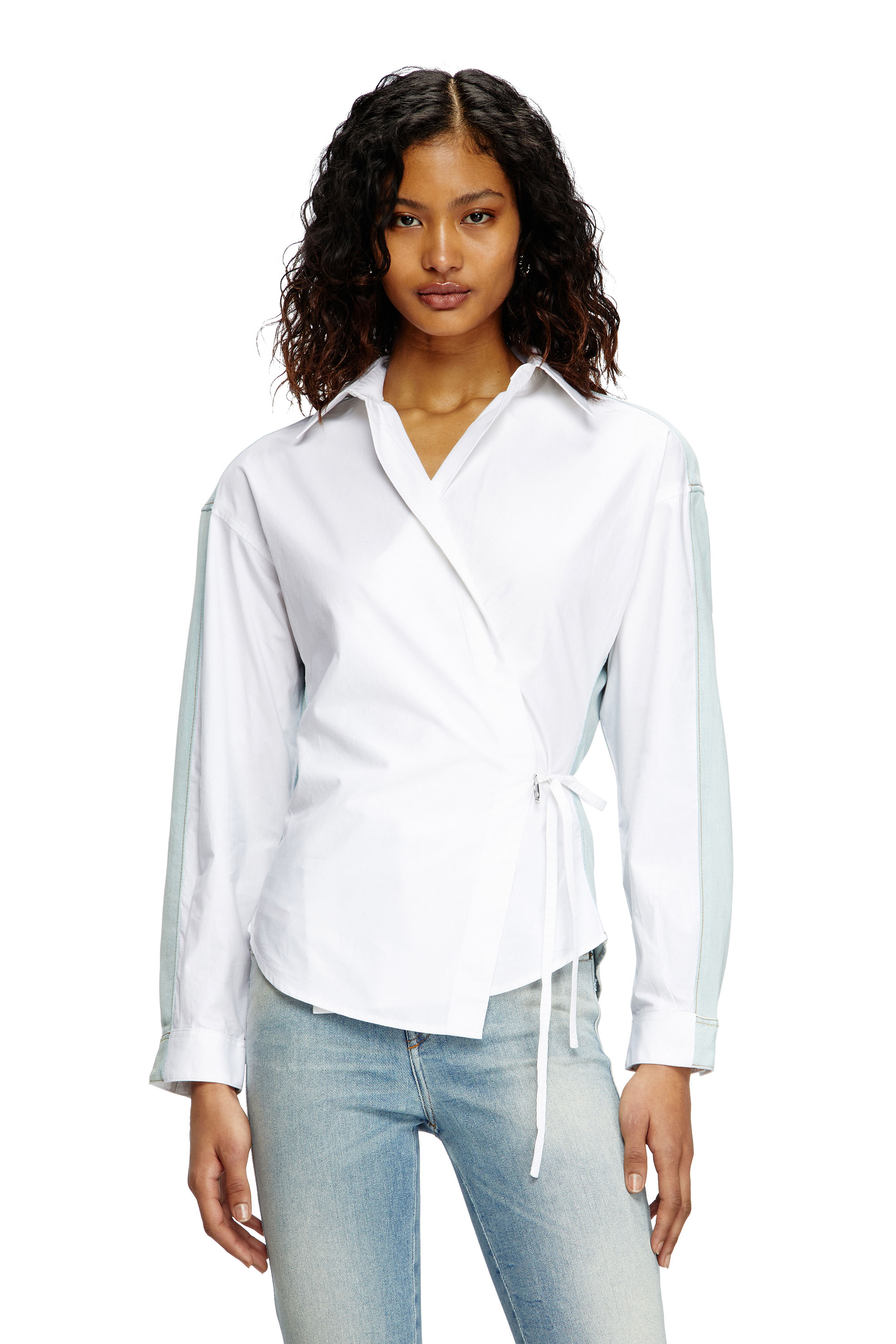 Diesel - C-DELPHI-DEN, Woman's Wrap shirt in poplin and denim in Blue/White - 1