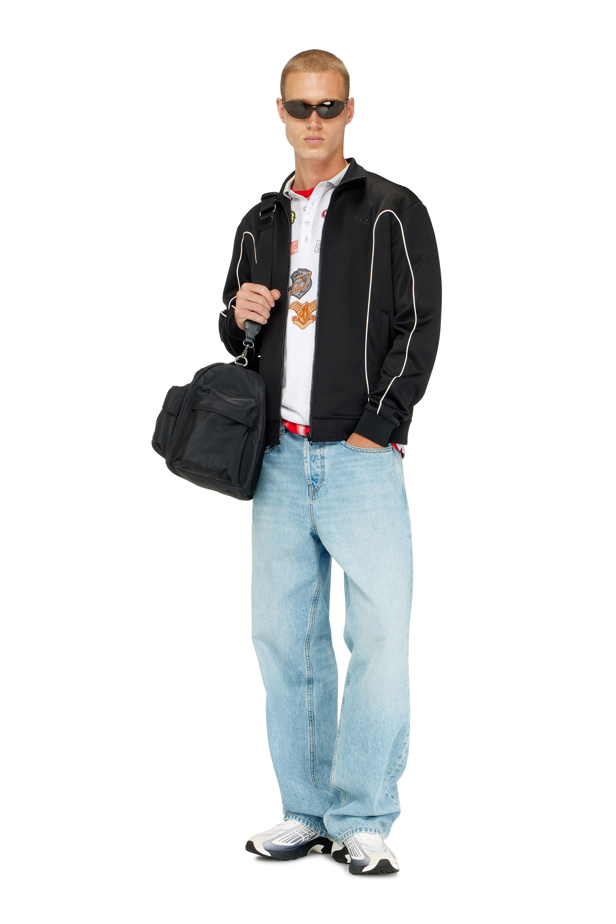 Diesel - S-LOCKING-DO, Man's Sweat fabric track jacket with contrast piping in Black - 2