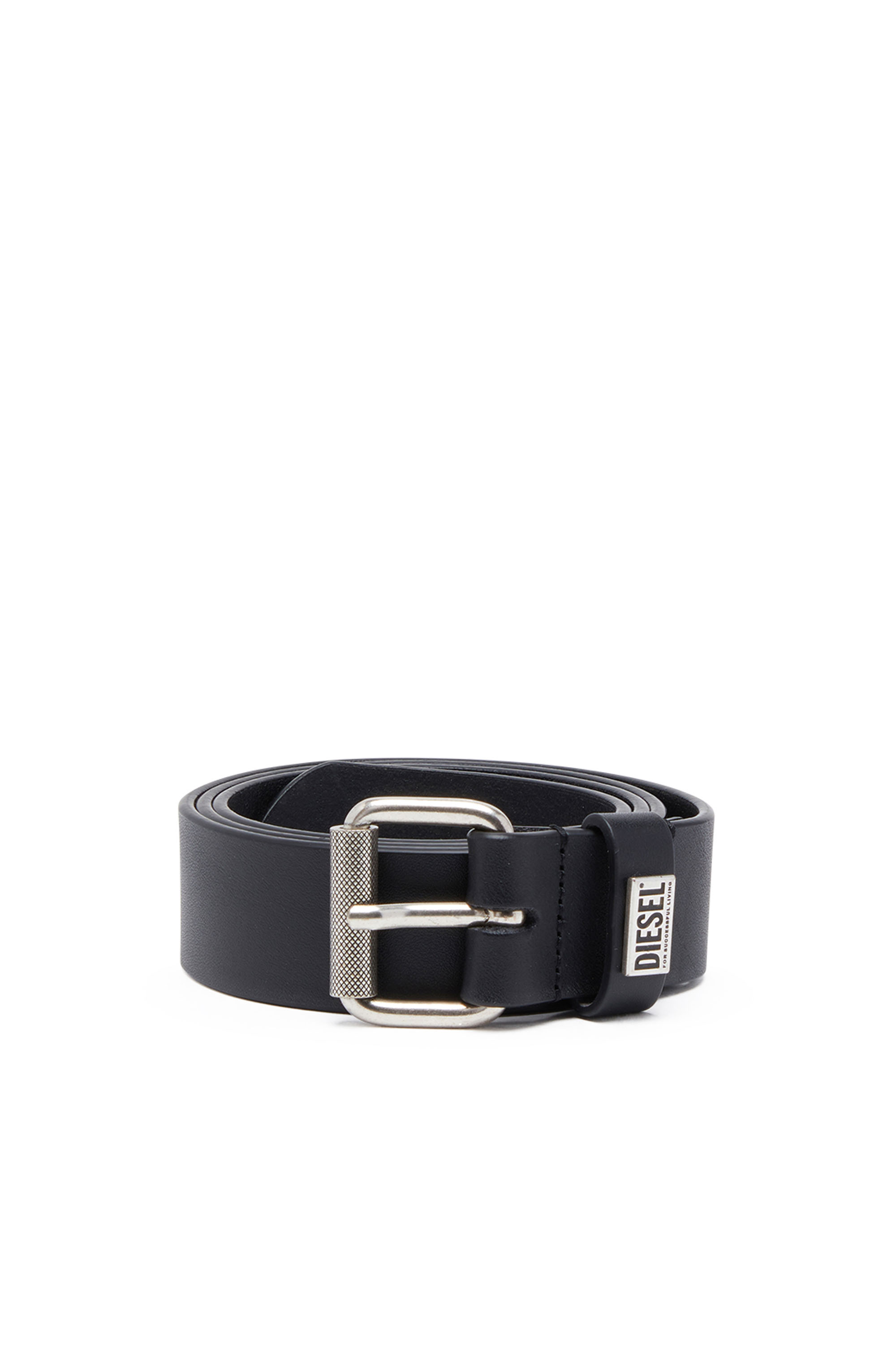 Diesel - B-BISCOTTO-LOOP, Man's Leather belt with logo plaque in Black - 1