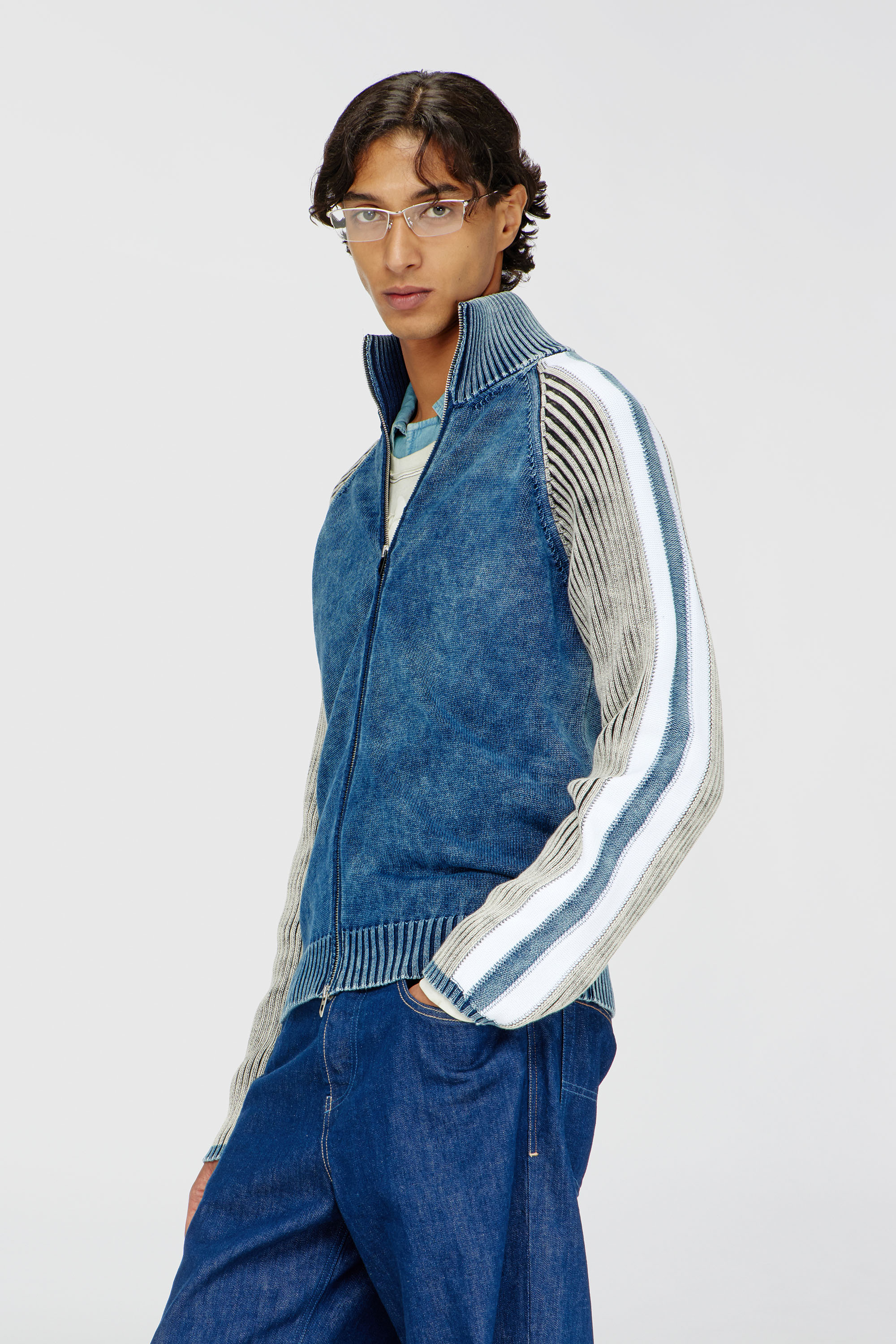 Diesel - K-HERONIMO, Man's Zip-up cardigan with sporty bands in Blue/Grey - 3