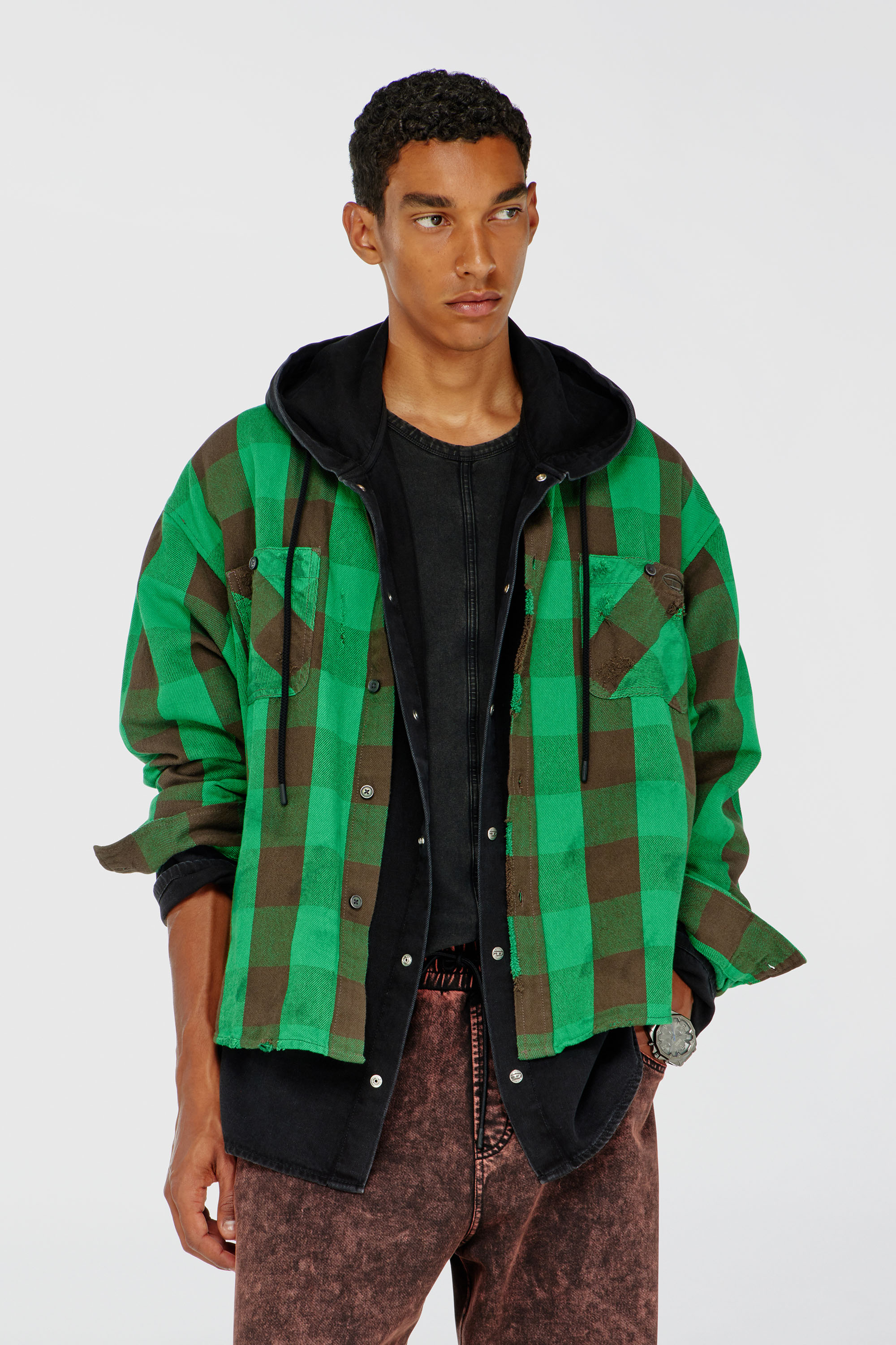 Diesel - S-DRUM, Man's Check flannel shirt with distressed effect in Brown/Green - 3