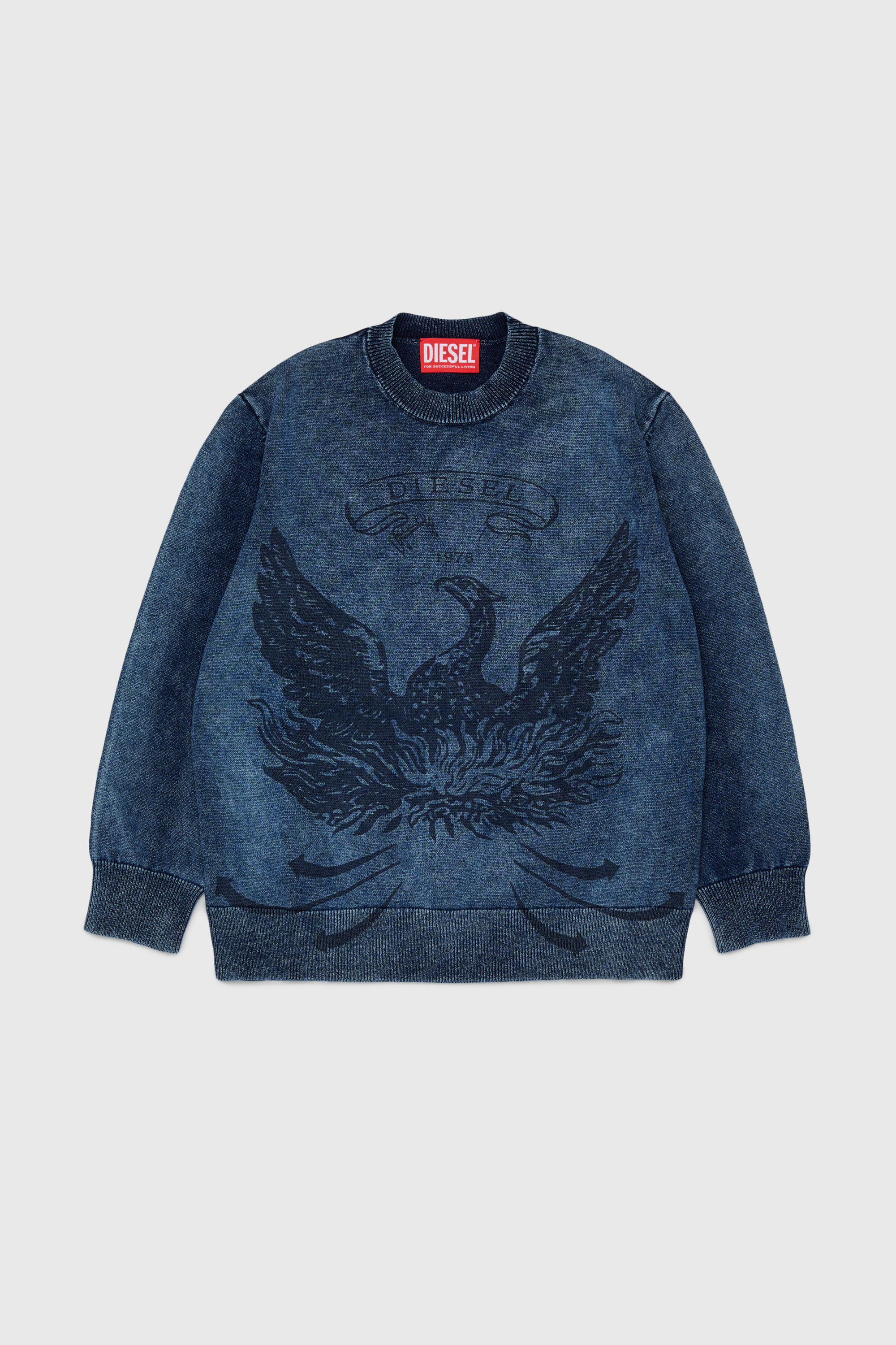 Diesel - KFINNIC OVER, Man's Denim-effect jumper with phoenix motif in Dark Blue - 1
