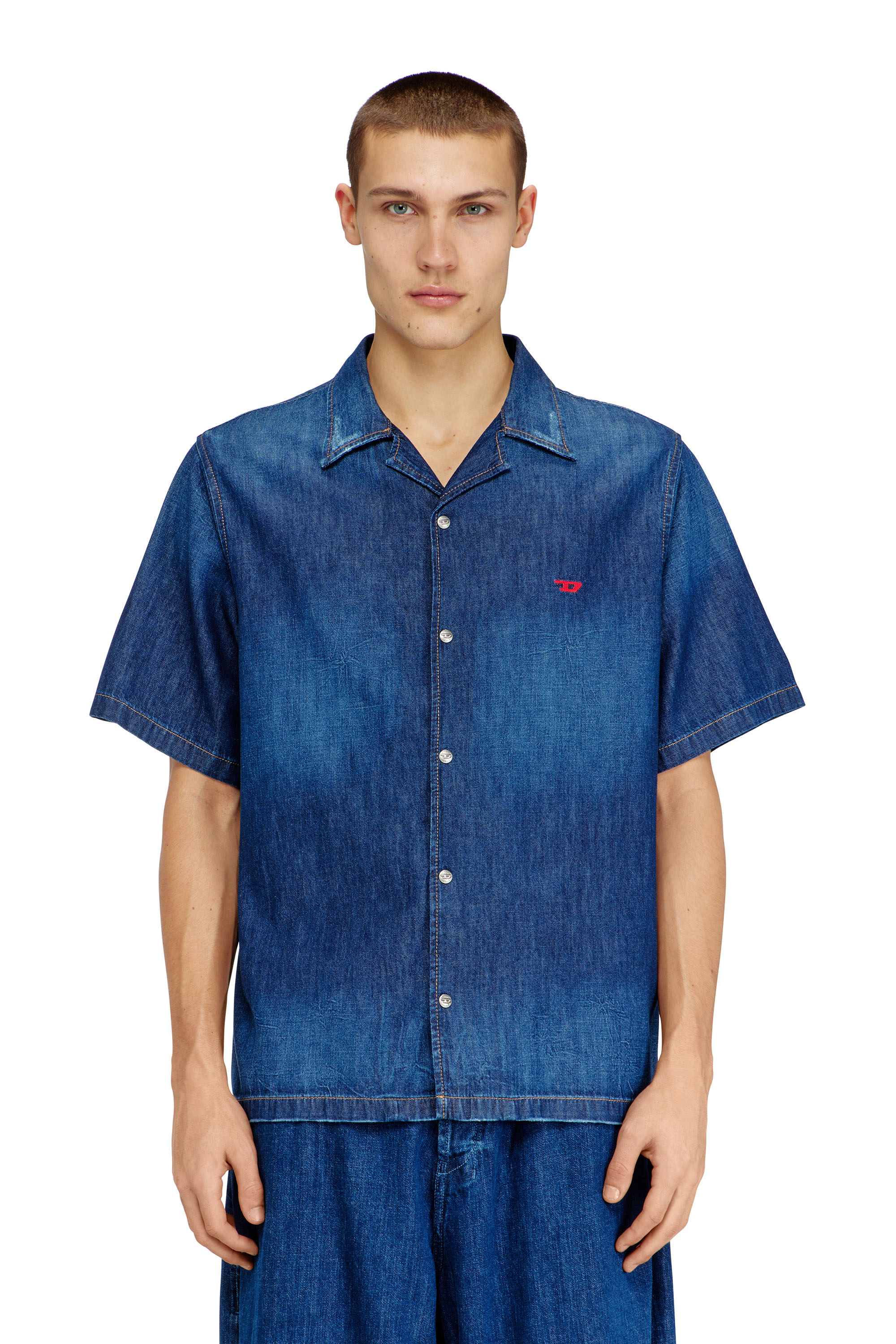 Diesel - D-NABIL-D, Man's Denim short-sleeve shirt in Medium blue - 1
