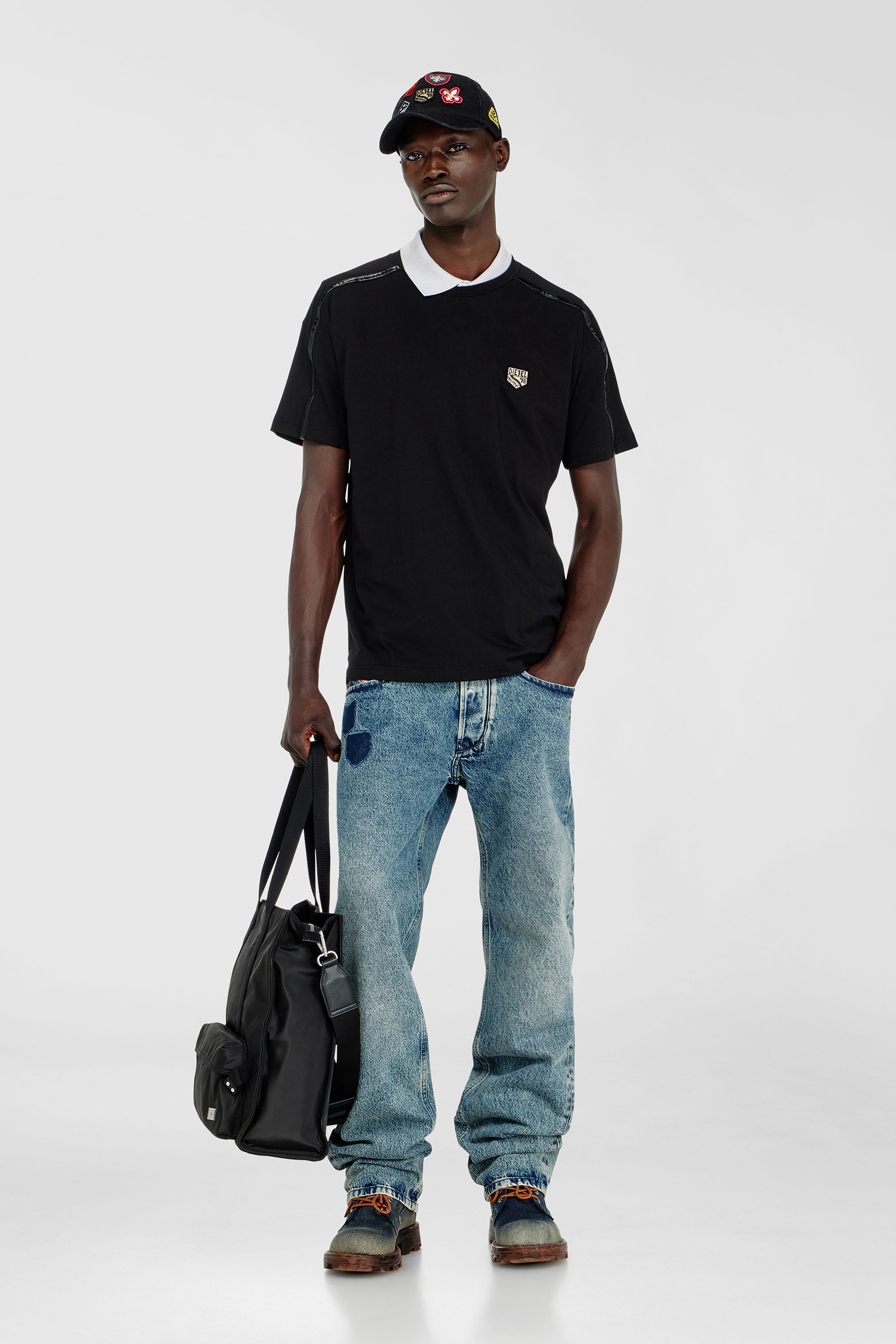 Diesel - T-NORM-FL, Man's T-shirt with contrast trims and logo patch in Black - 2