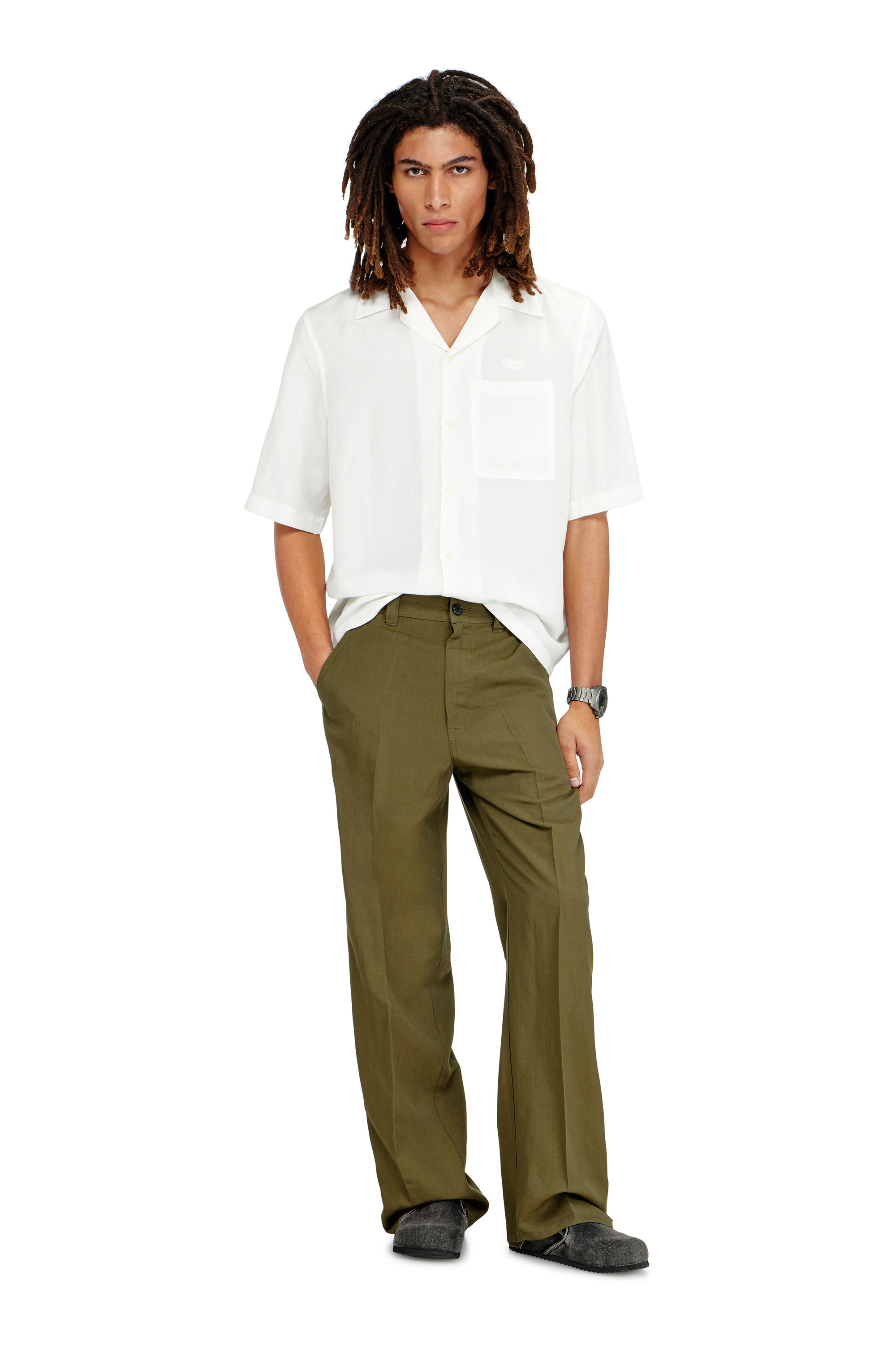 Diesel - P-HANT-CHINO-PGBS, Man's Linen-blend pants with wide leg in Green - 2
