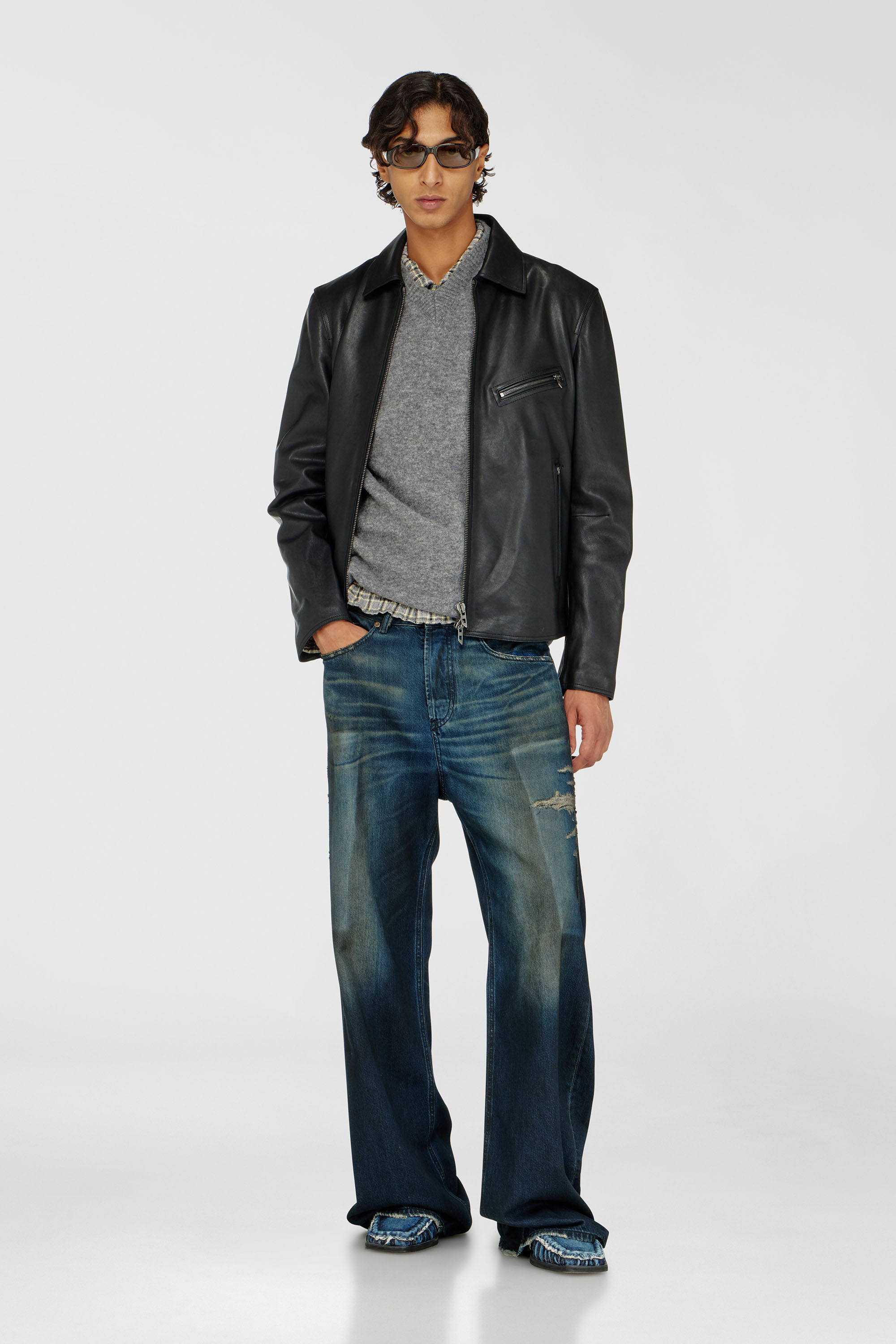 Diesel - L-KORN-A, Man's Leather jacket with embossed Oval D in Black - 1