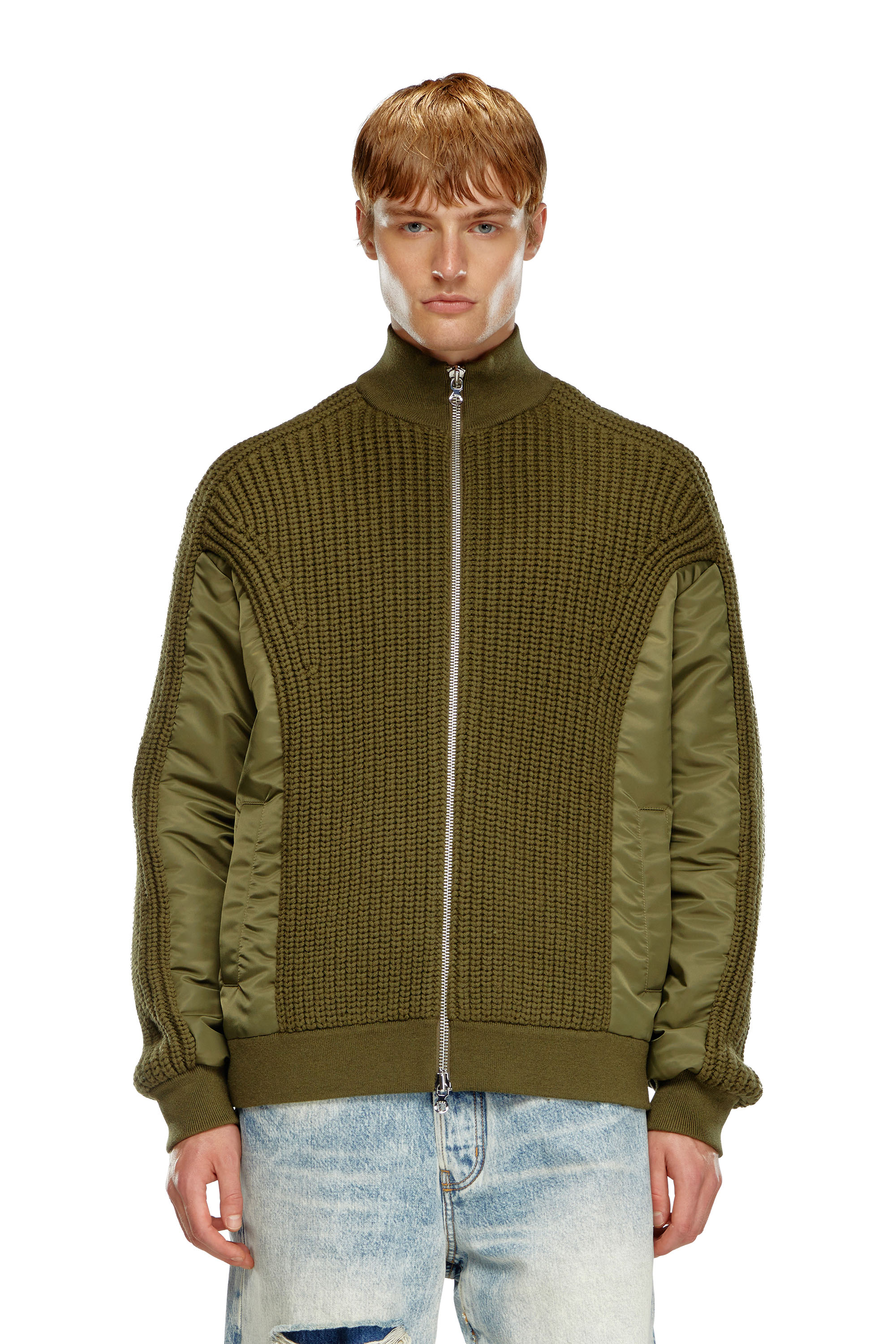 Diesel - K-ARRE, Man's Zip-up cardigan in wool and nylon in Military Green - 6