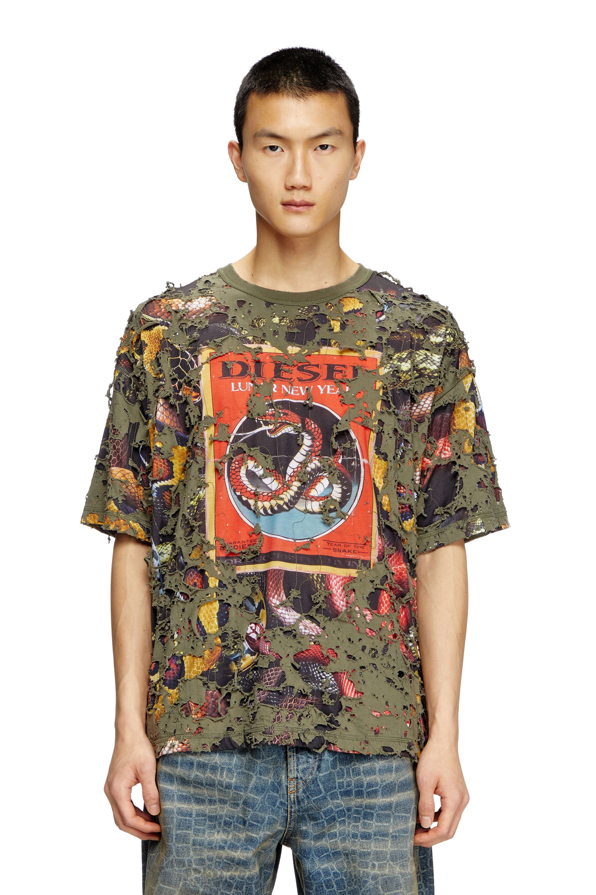 Diesel - CL-T-BOXT-DEVOR-SNAKE, Unisex's Snake-print T-shirt with destroyed overlay in Olive Green - 2