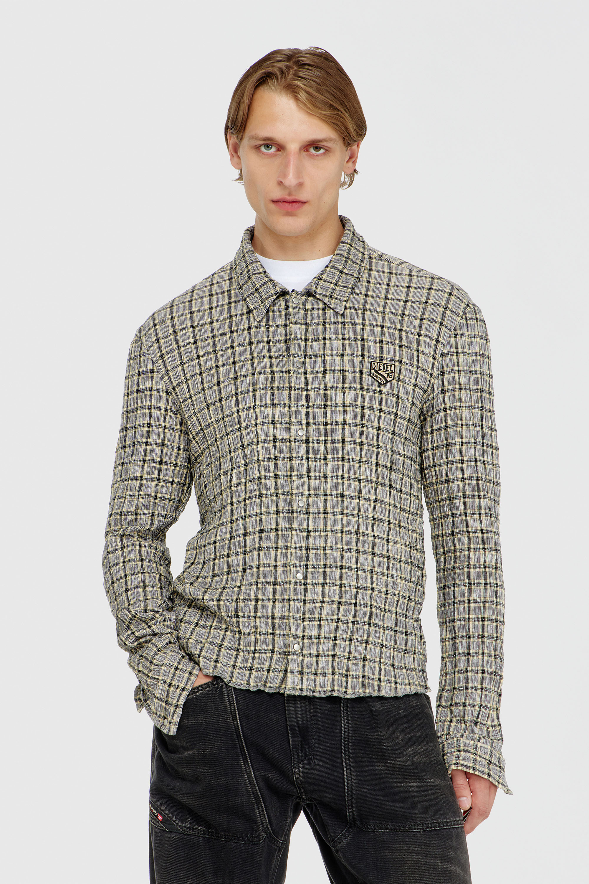 Diesel - S-SEERK, Man's Check shirt with seersucker effect in Green/Grey - 3