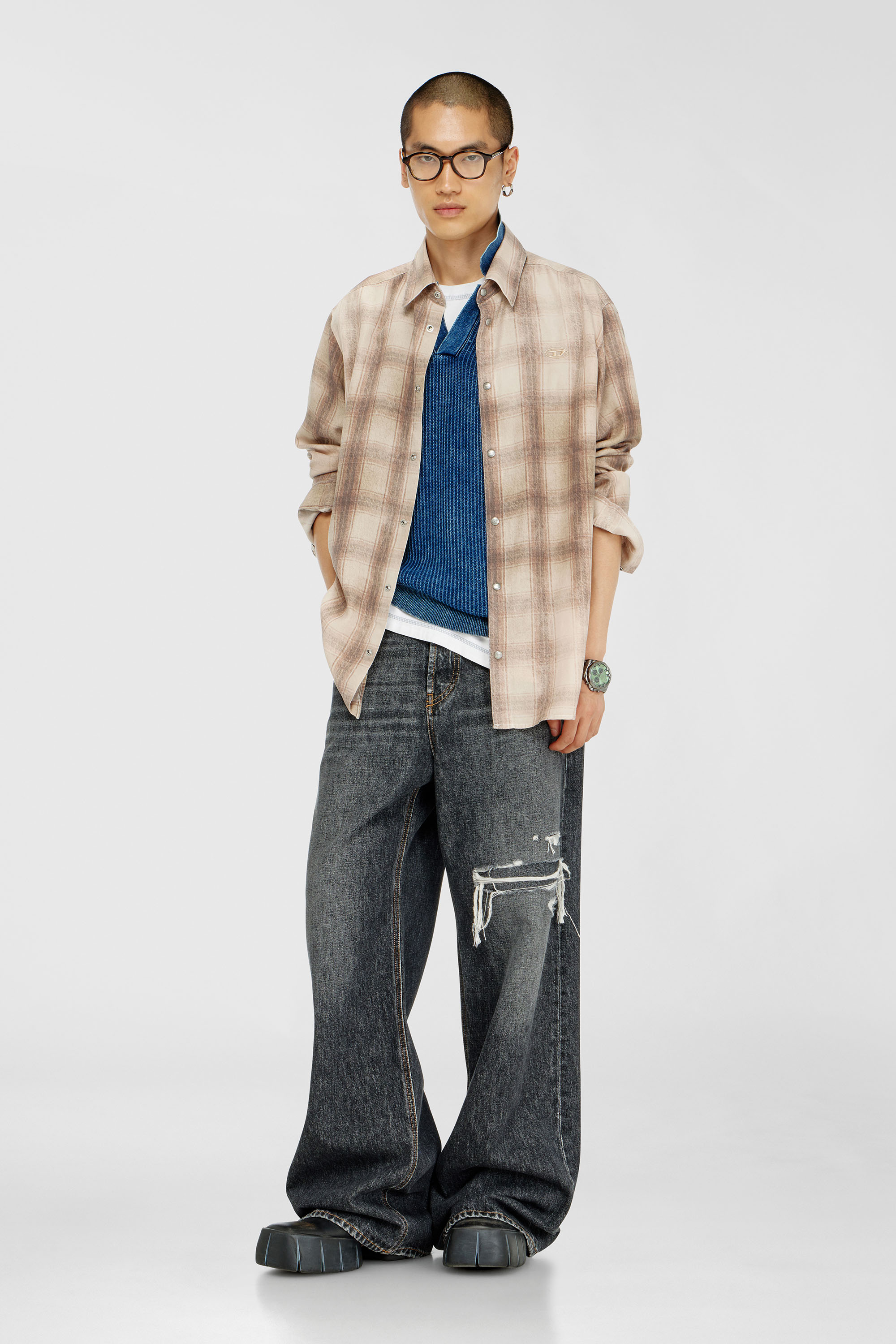 Diesel - S-SIMPLY-JMCM, Man's Check shirt in fluid fabric in Light Brown - 1