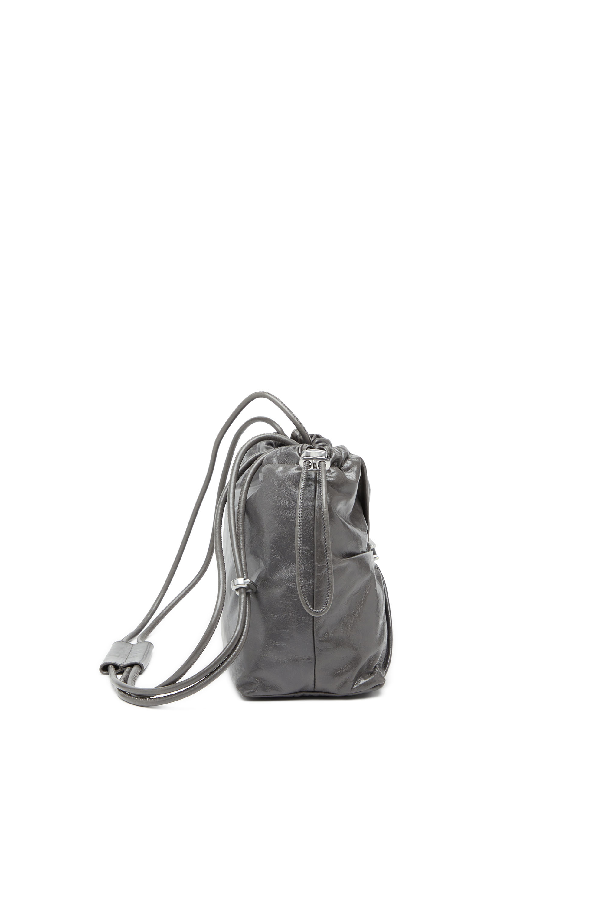 Diesel - SCRUNCH-D BUCKET, Woman's Bucket bag in shiny wrinkled leather in Grey - 4