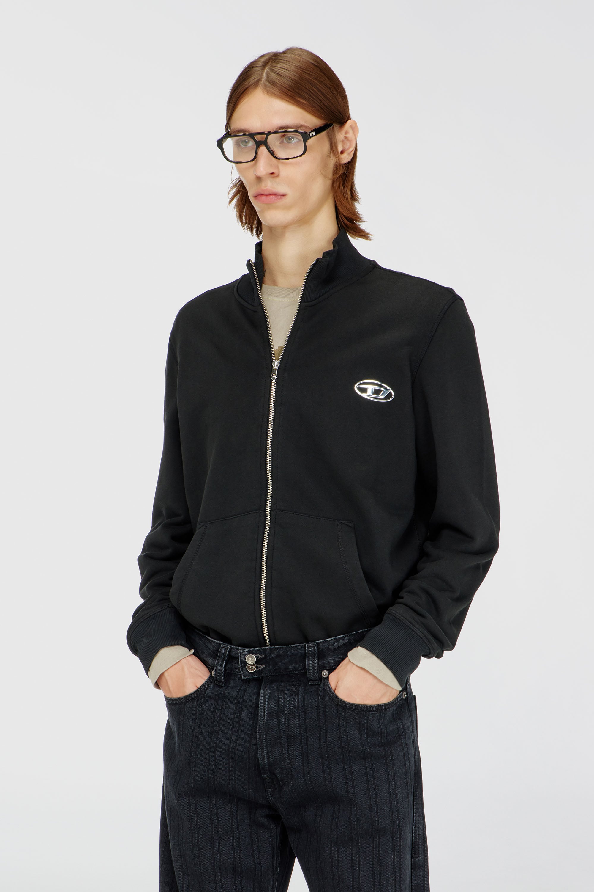 Diesel - S-GINN-ZIP-IOD, Man's Wweatshirt with mock neck and metallic Oval D in Black - 3
