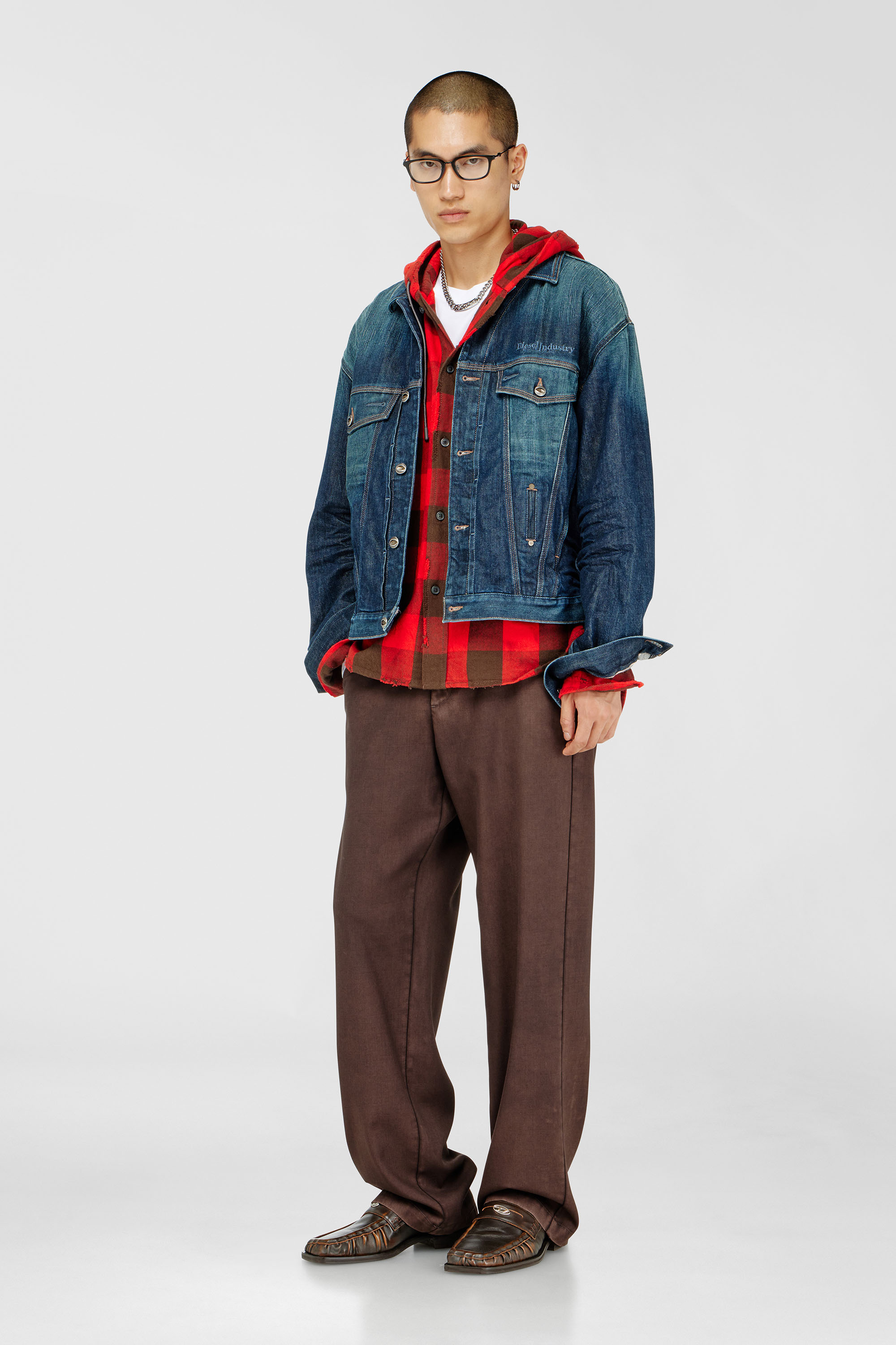 Diesel - S-DRUM-HOODY, Man's Distressed hooded shirt in check flannel in Brown/Red - 1