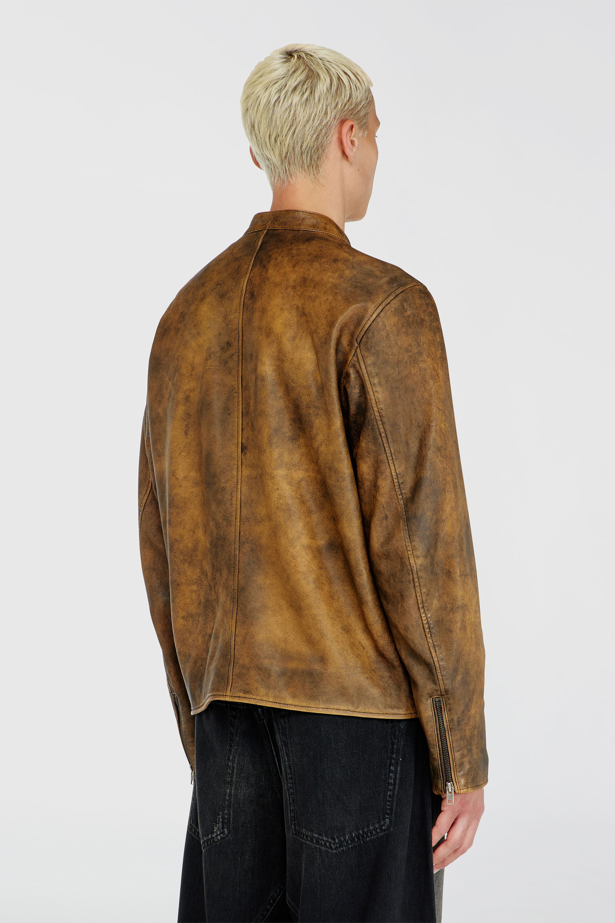 Diesel - L-ZAD-KNCZ, Man's Biker jacket in treated leather in Light Brown - 4