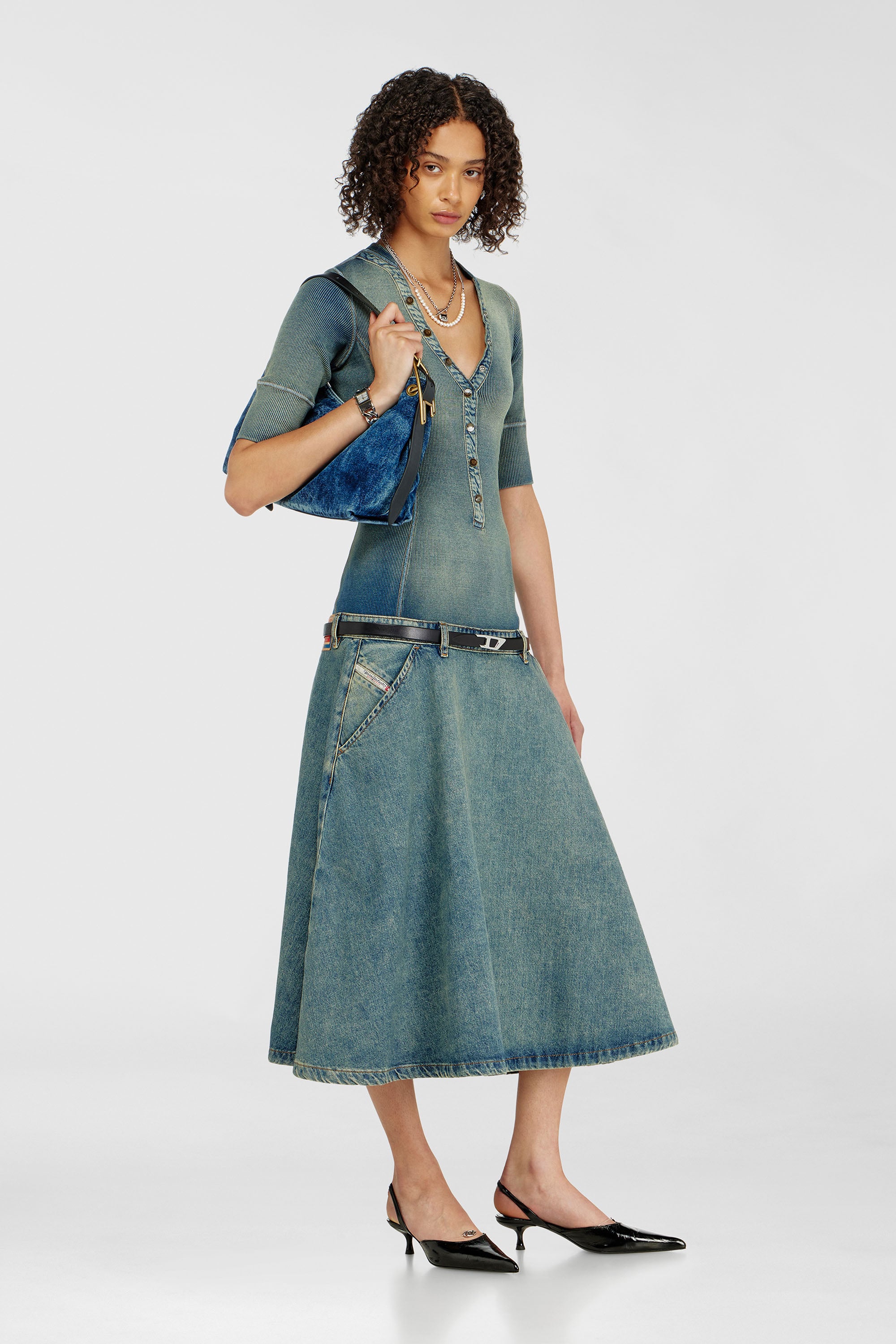 Drop-waist midi dress in knit and denim