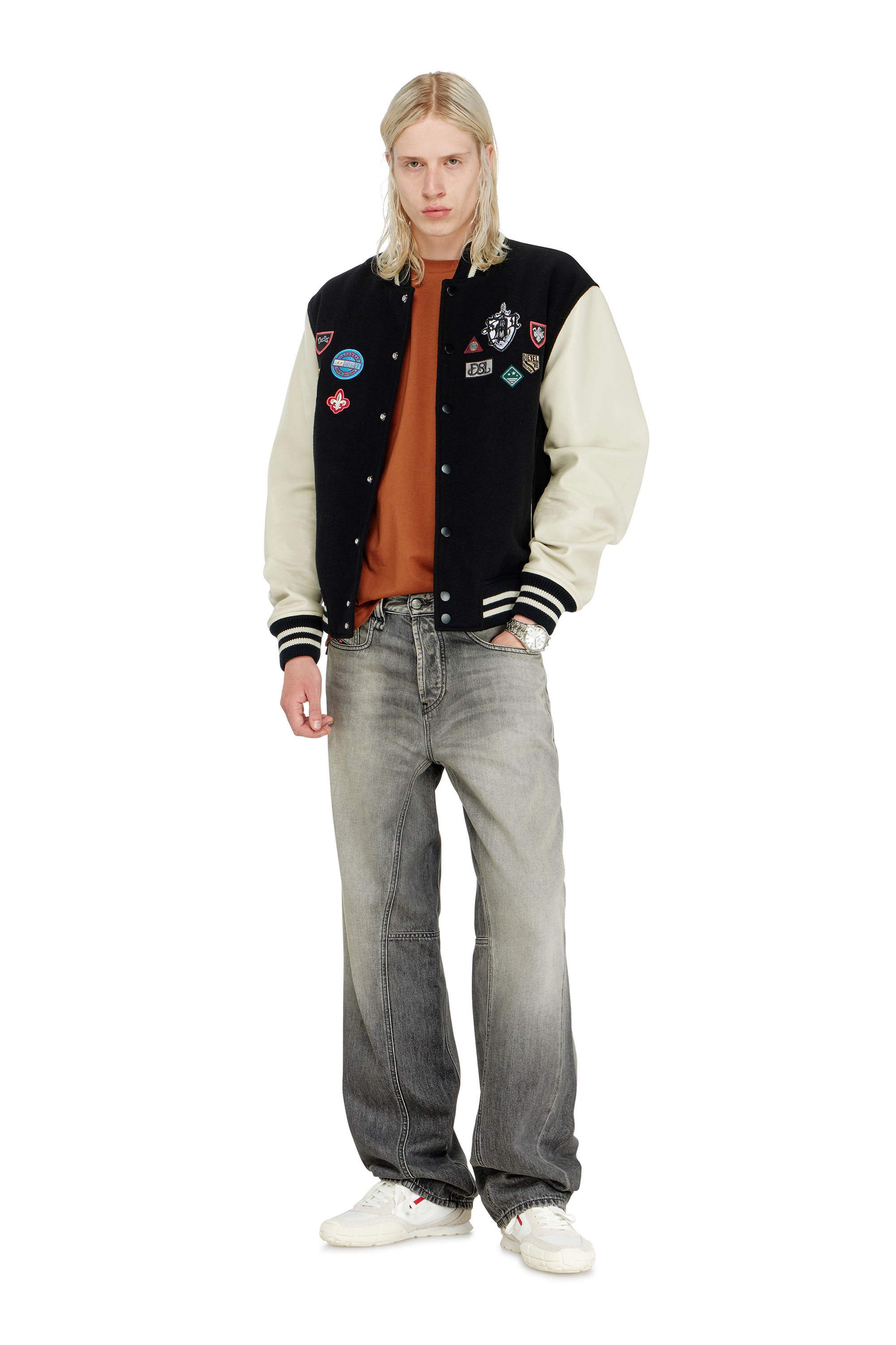 Diesel - L-ARRY-PATCH, Man's Wool and leather bomber jacket with patches in White/Black - 2