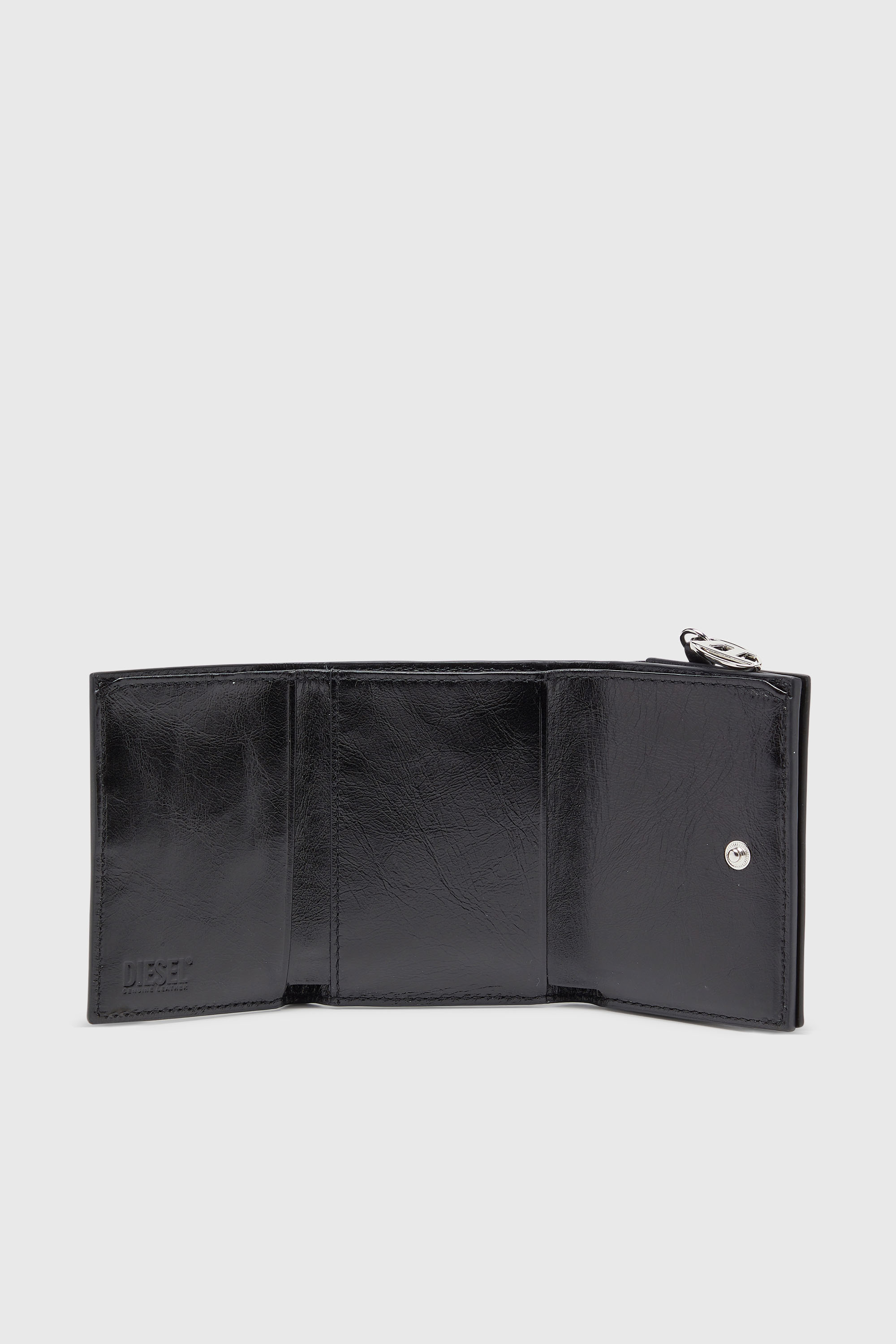 Diesel - OVAL-D TRI FOLD ZIP COIN XS II, Woman's Leather tri-fold wallet with embossed motif in Black - 3