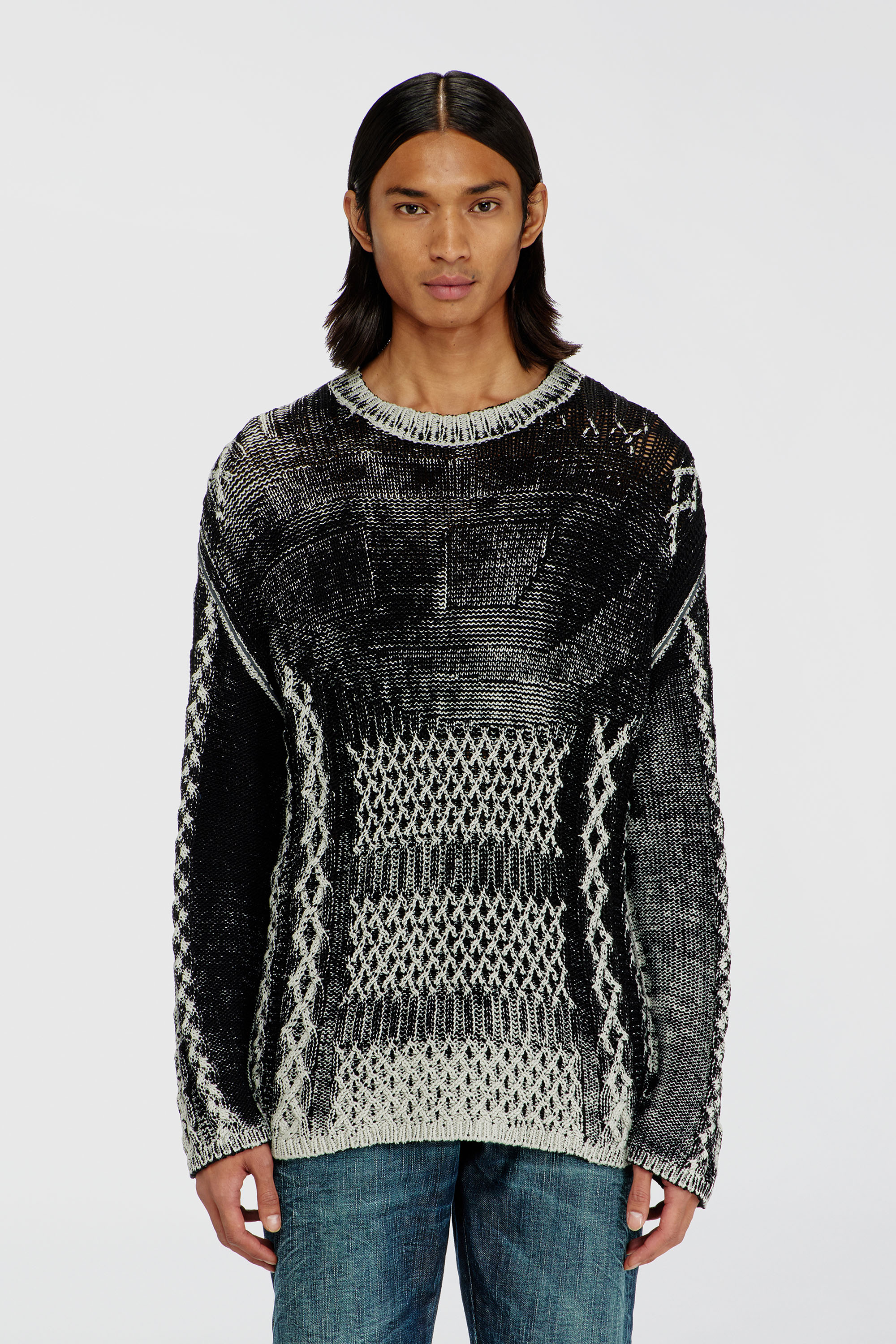 Diesel - K-MIONE, Man's Treated cable-knit jumper in Grey/Black - 3