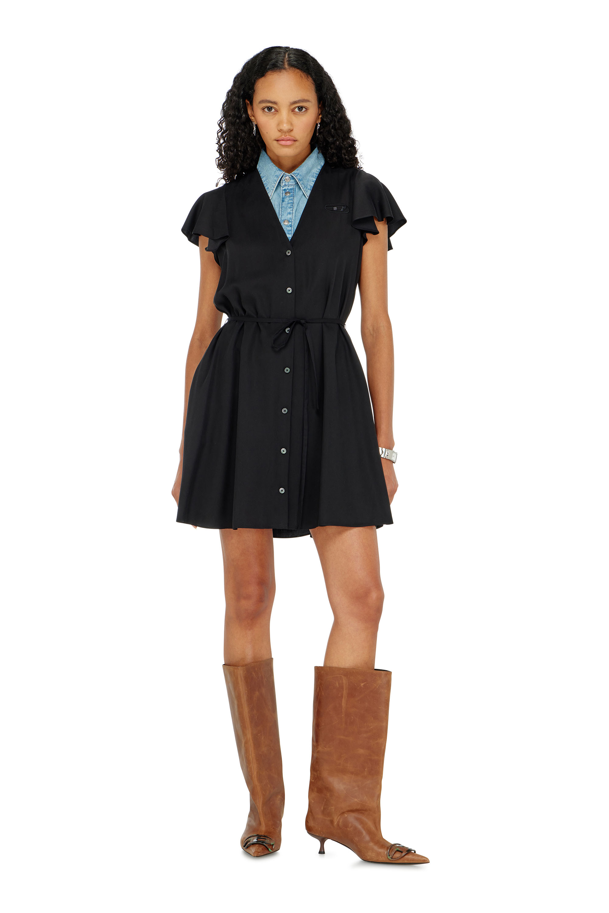 Diesel - D-AIKIRI, Woman's Cupro dress with V-neck and front buttons in Black - 3