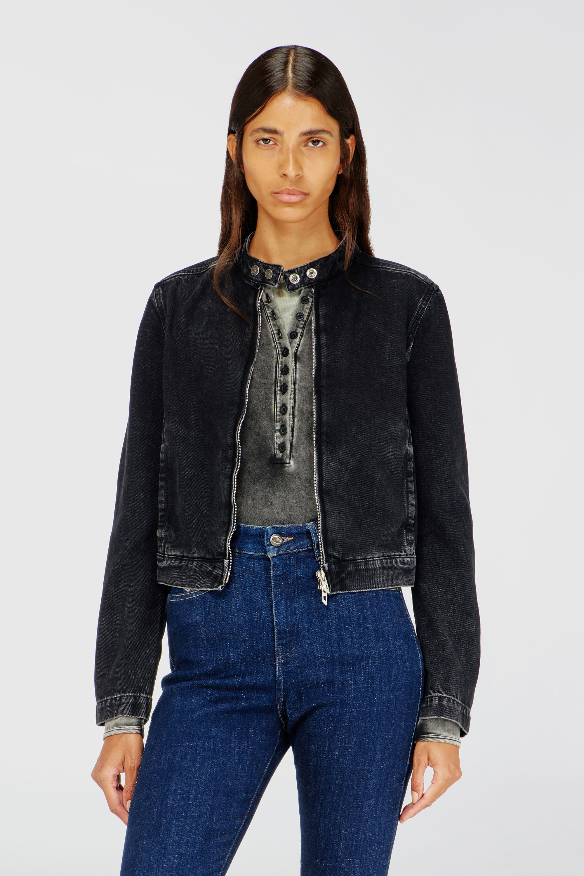 Diesel - DE-MORNIN, Woman's Moto jacket in denim in clean-wash denim in Black - 1