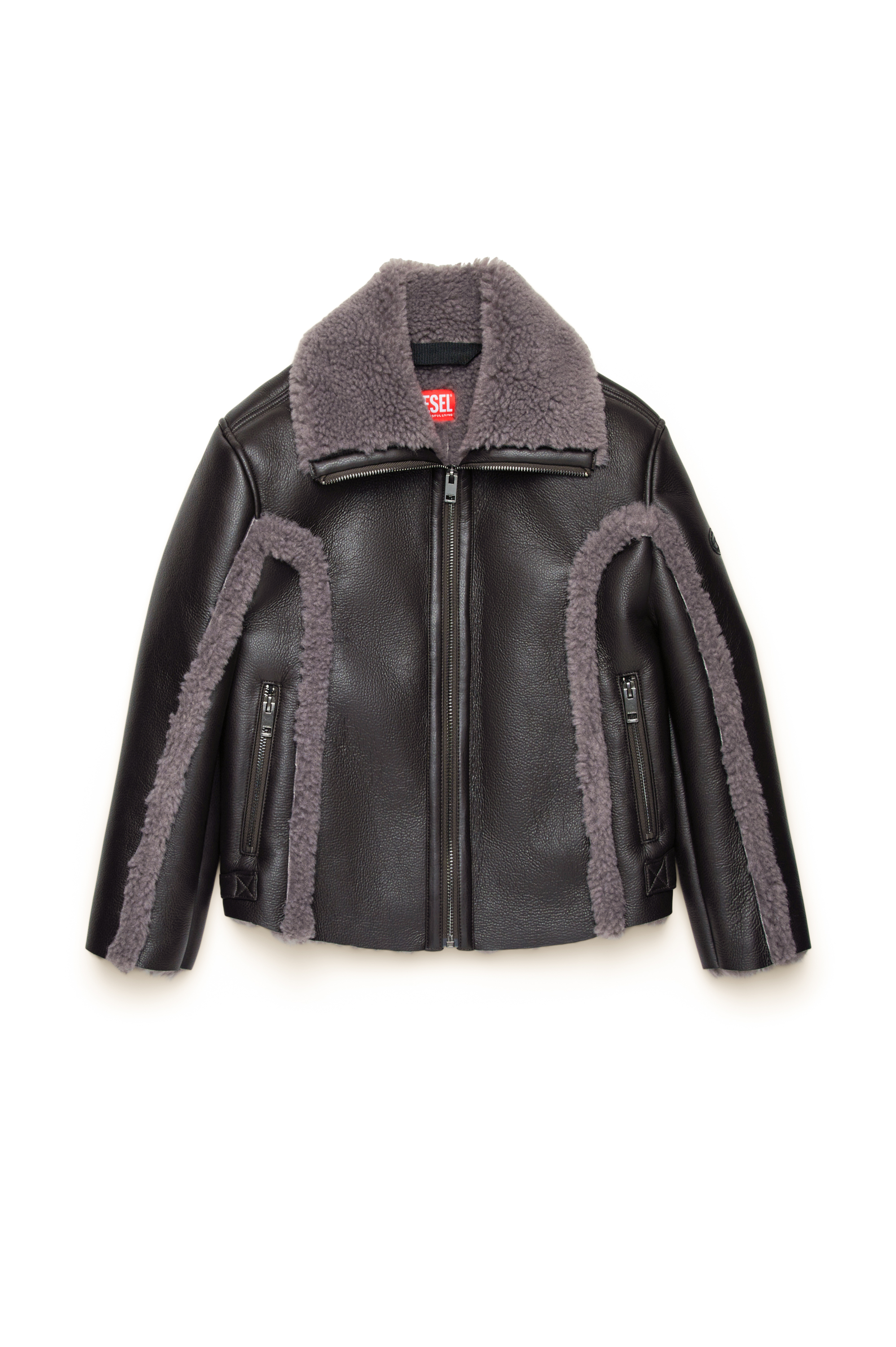 Diesel - JLBROWNY, Unisex's Aviator jacket with teddy trims in Black - 1