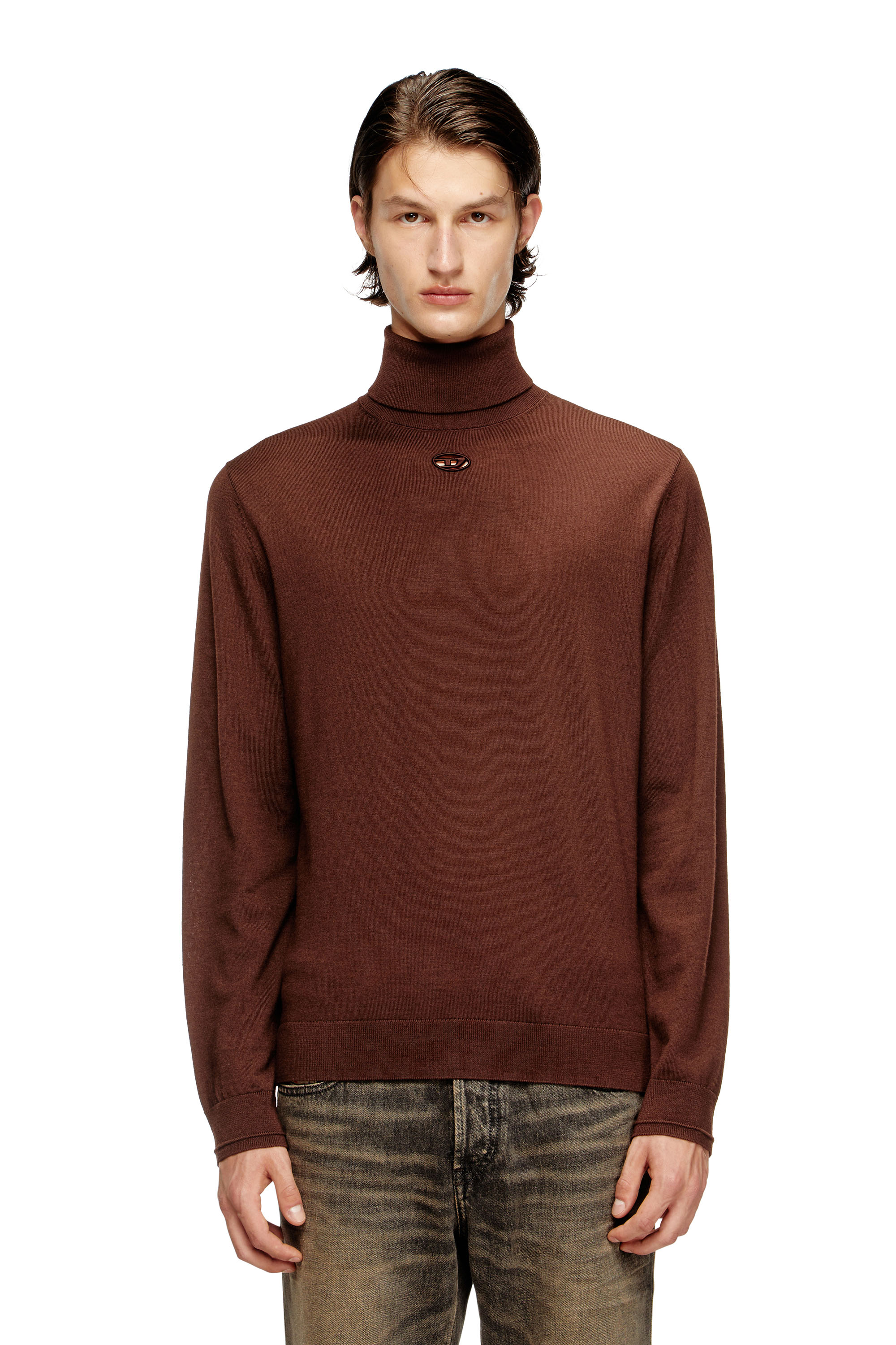 Diesel - K-VARTA, Man's Wool turtleneck jumper with cut-out logo in Brown - 3