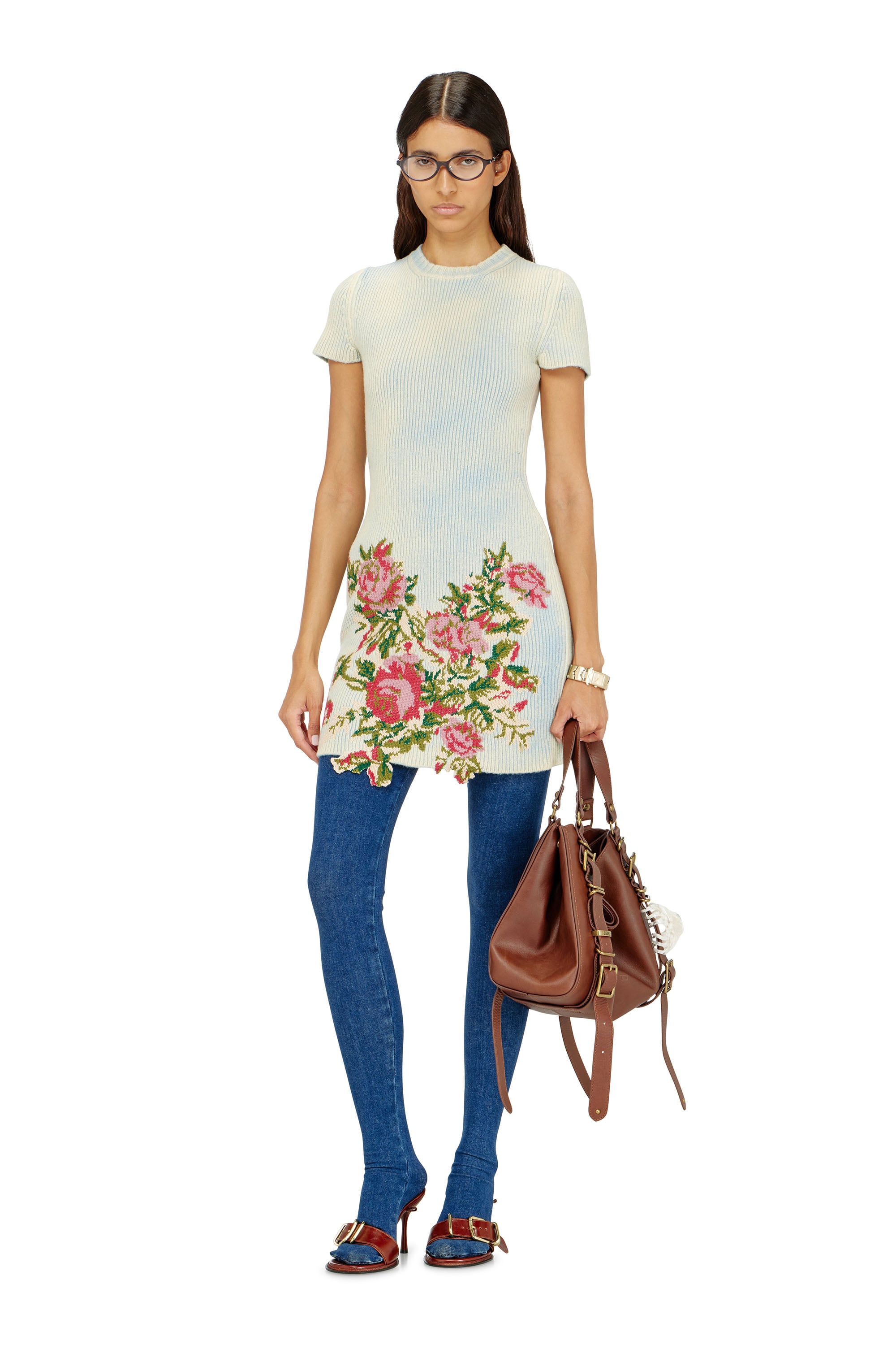 Diesel - M-RINNIE, Woman's Short dress in floral wool-blend knit in White - 1