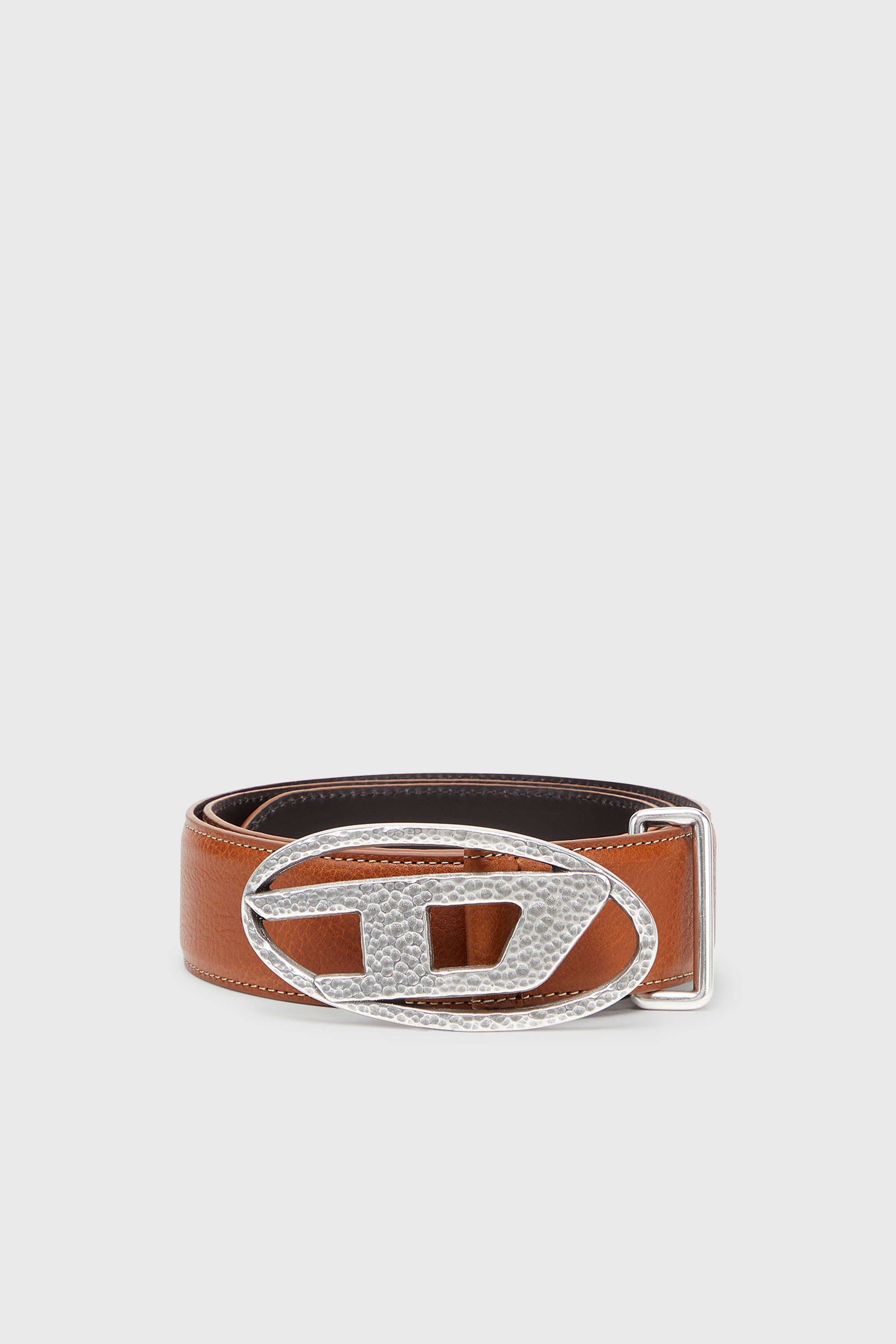 Diesel - B-1DR, Unisex's 4cm leather belt with hammered Oval D buckle in Brown - 1