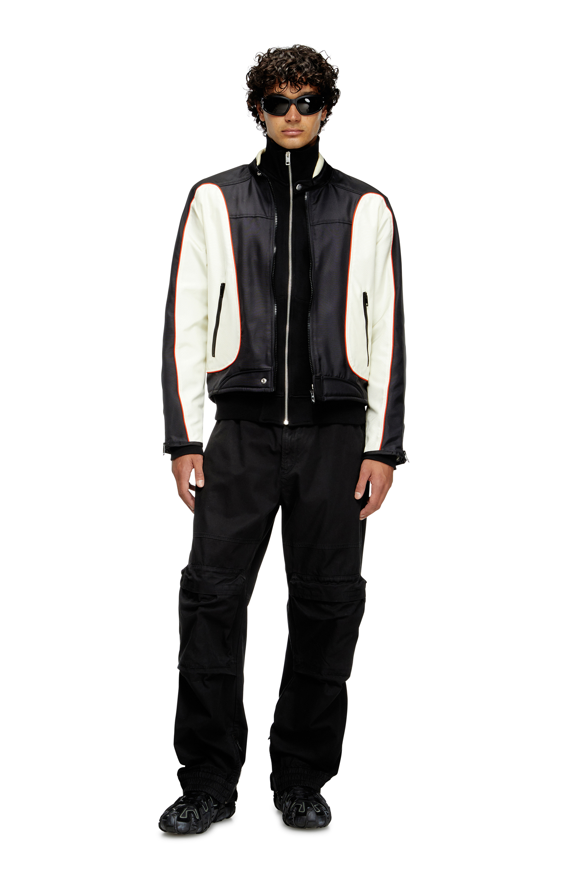 Diesel - J-BLINK-A, Man's Colour-block biker jacket with piping in White/Black - 2