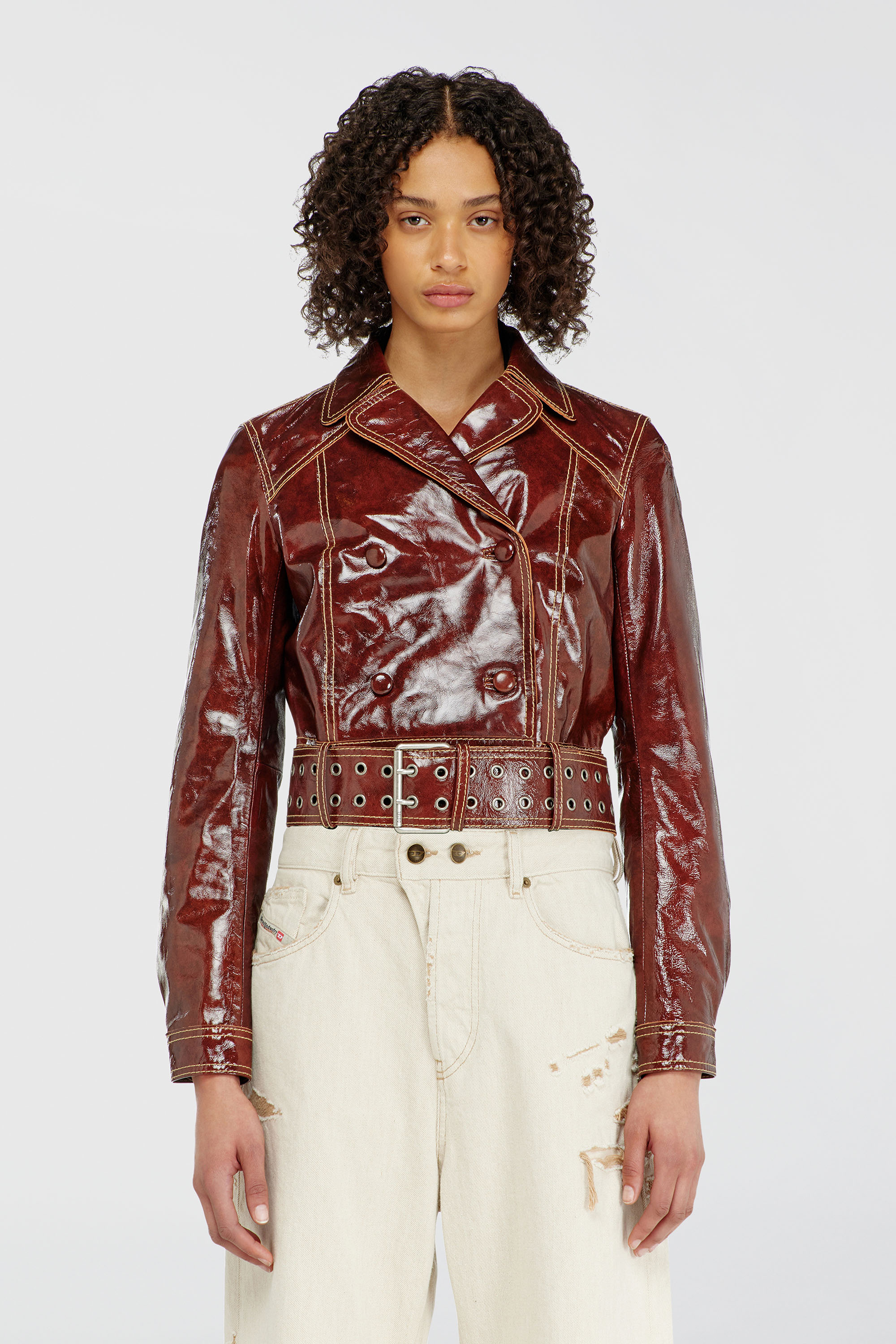 Diesel - L-EGEND, Woman's Patent-leather jacket with large belt in Brown - 5