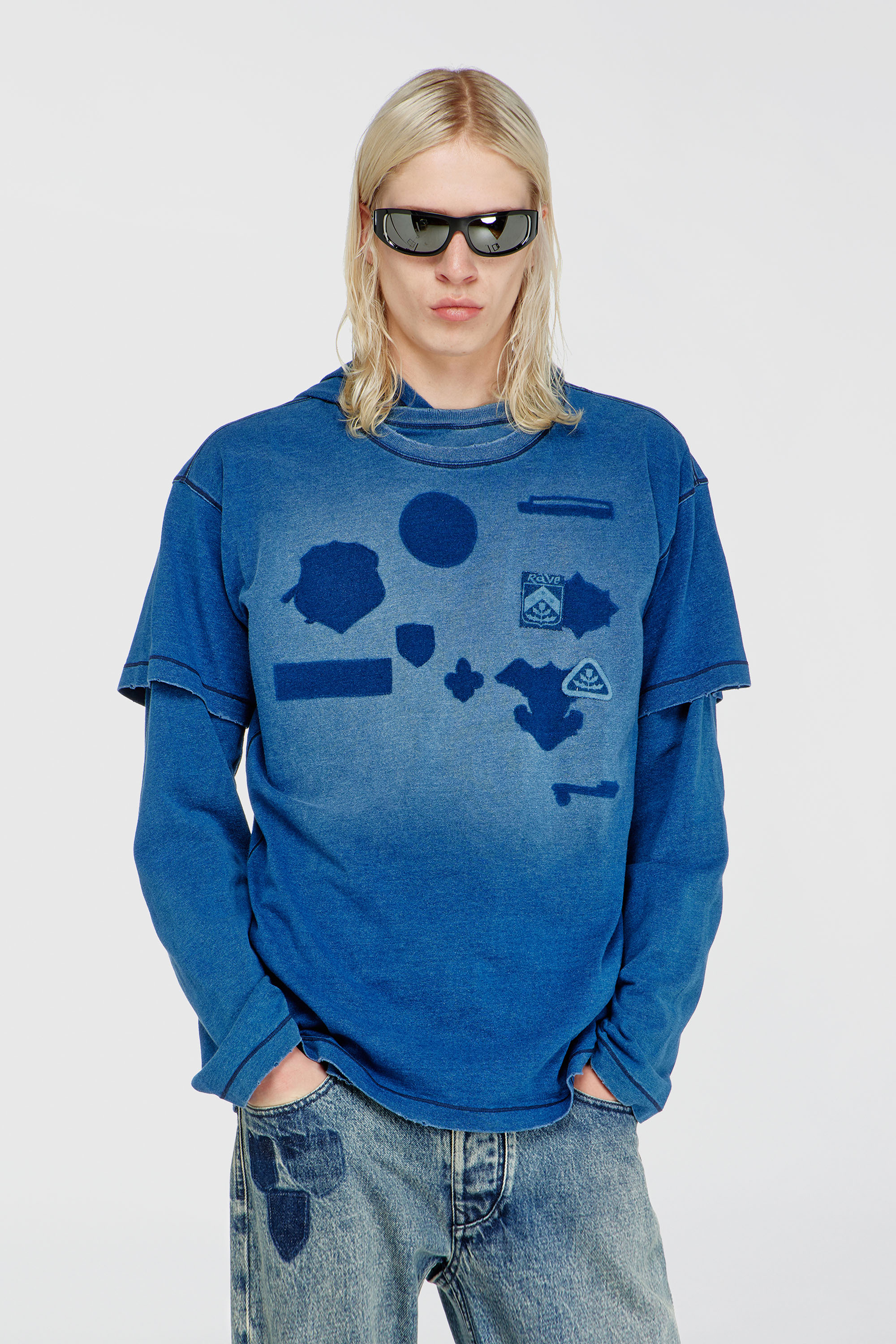 Diesel - T-NOX, Man's T-shirt with shadow-effect patches in Medium blue - 3