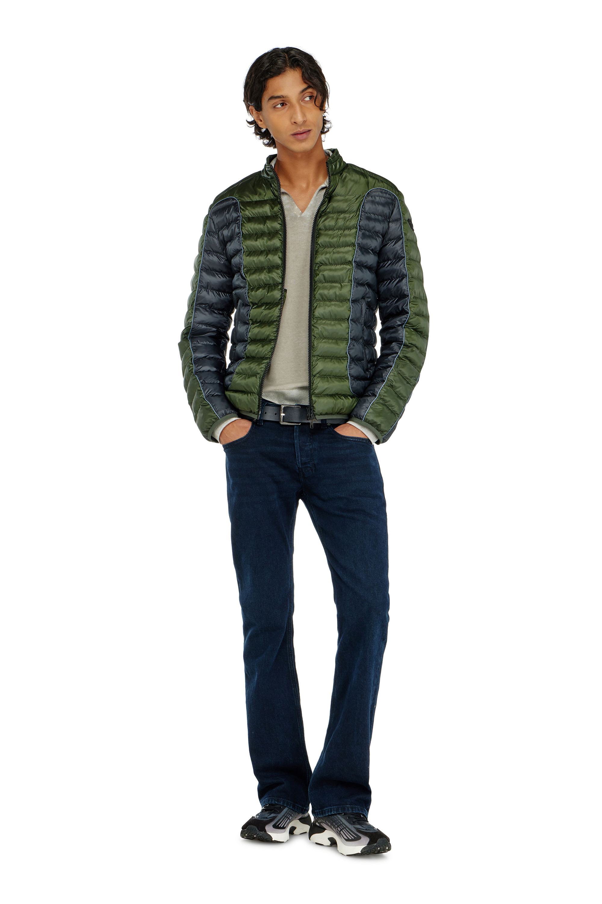 Diesel - W-PILOT-BLOCK, Man's Biker-style puffer jacket with colour-block design in Grey/Green - 2