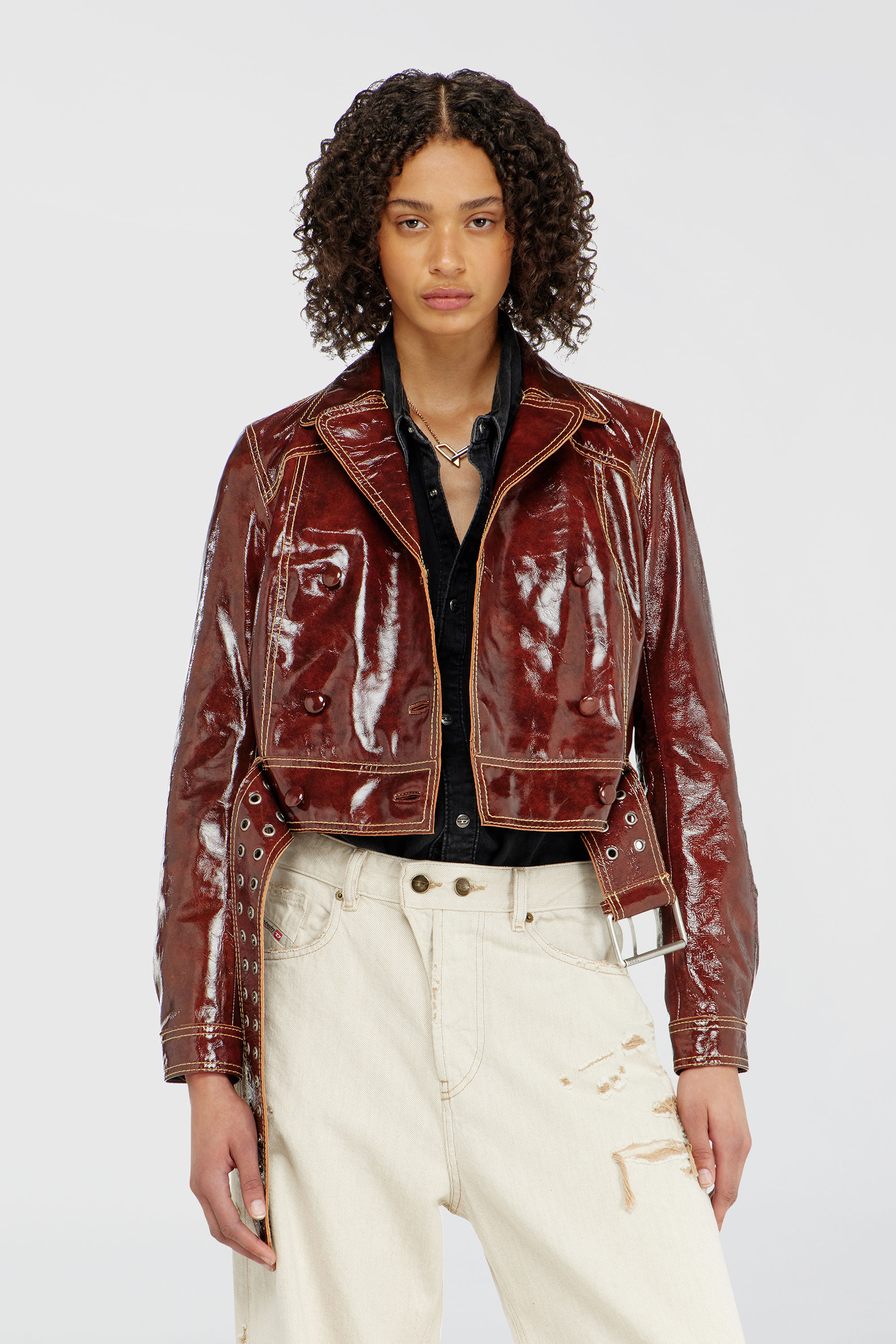 Diesel - L-EGEND, Woman's Patent-leather jacket with large belt in Brown - 3