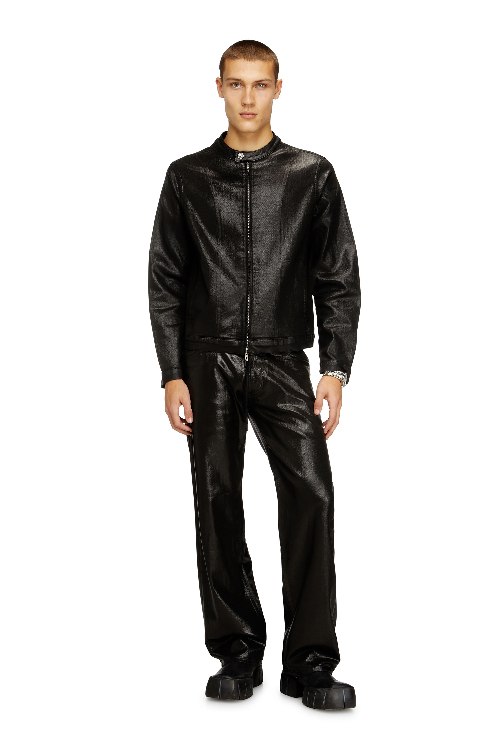 Diesel - D-GLORY JOGG, Man's Moto jacket in shiny coated JoggJeans in Black - 2