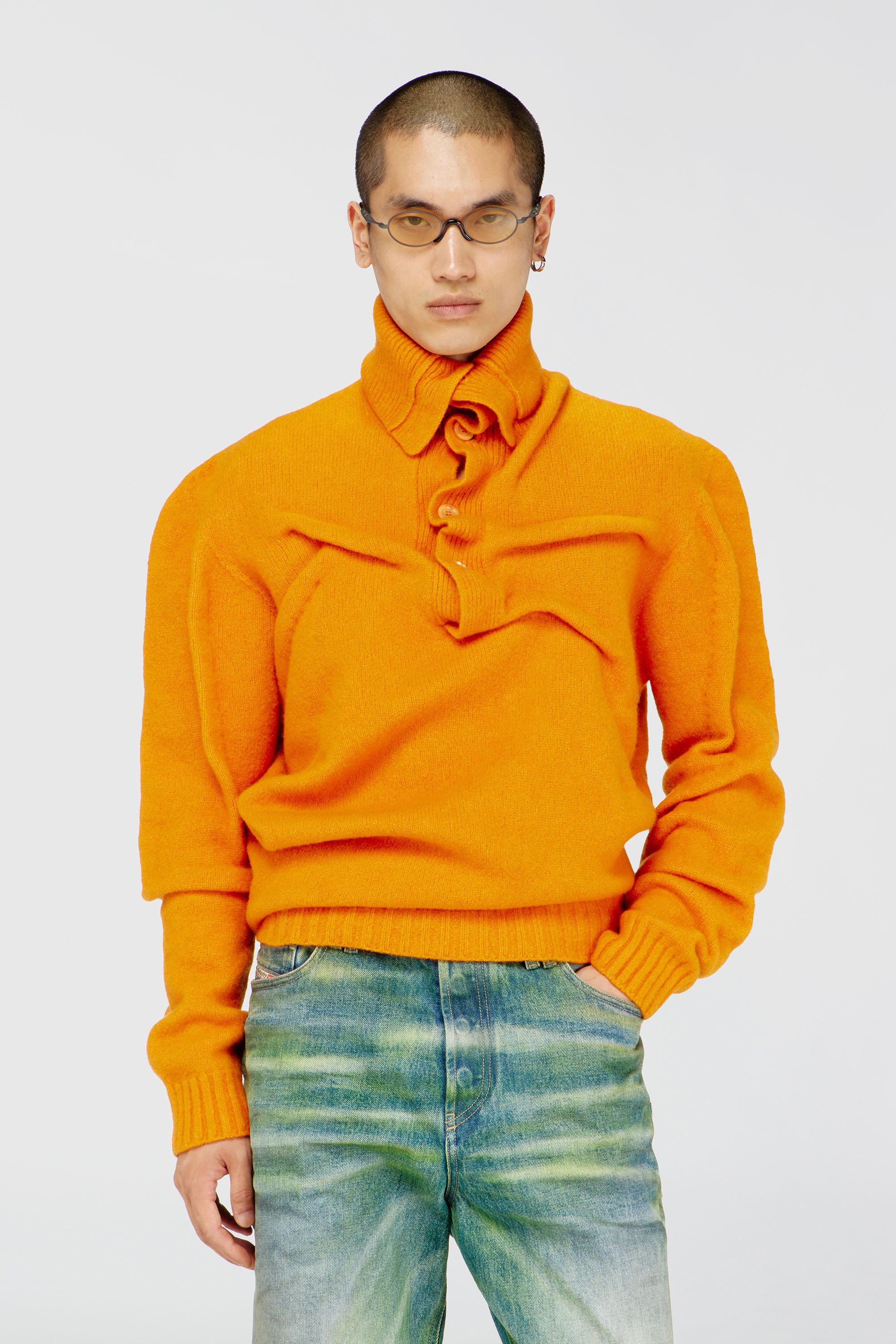 Diesel - K-ANDREW, Man's Button-neck jumper in wrinkled boiled knit in Orange - 1