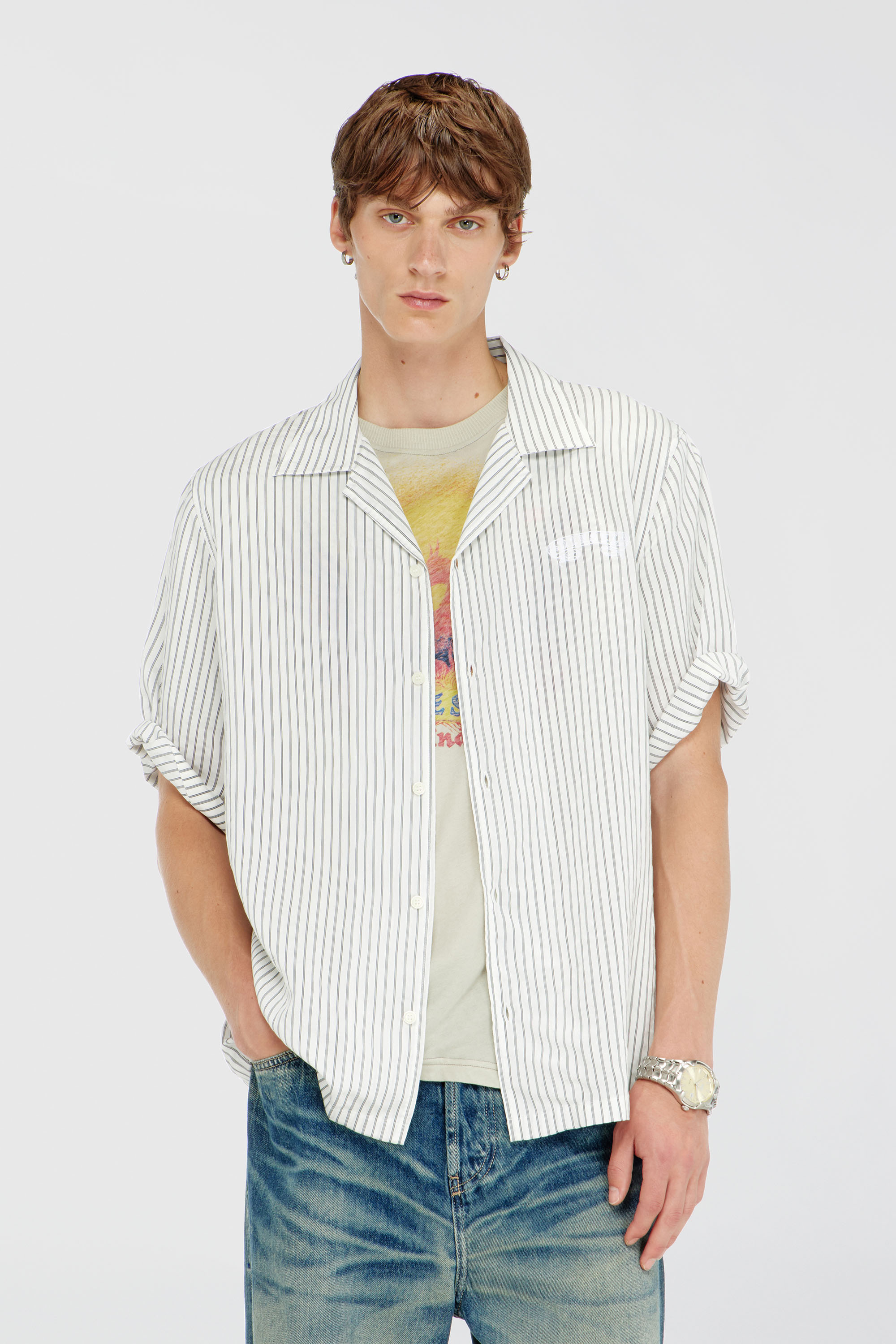 Diesel - S-MAC-EFBV, Man's Half-sleeve shirt in pinstripe modal in White/Grey - 3