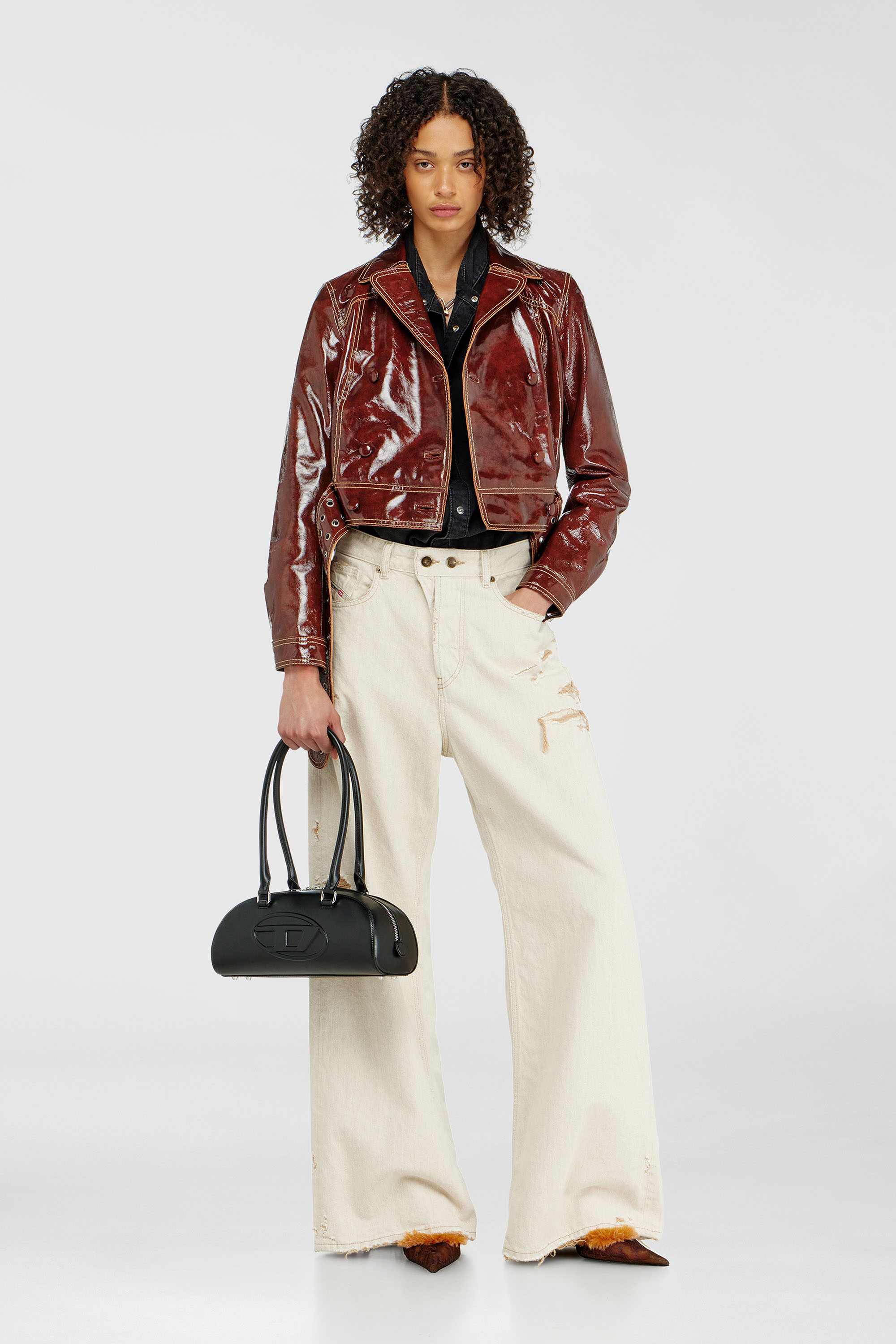 Diesel - L-EGEND, Woman's Patent-leather jacket with large belt in Brown - 1
