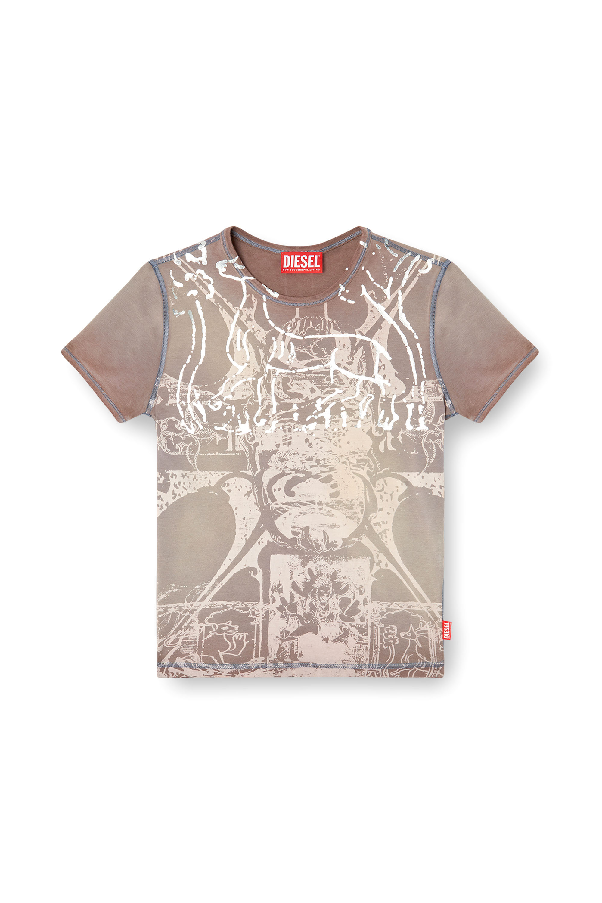 Diesel - T-UNCUTIES-LONG-R6, Woman's T-shirt with foil print in Light Brown - 3