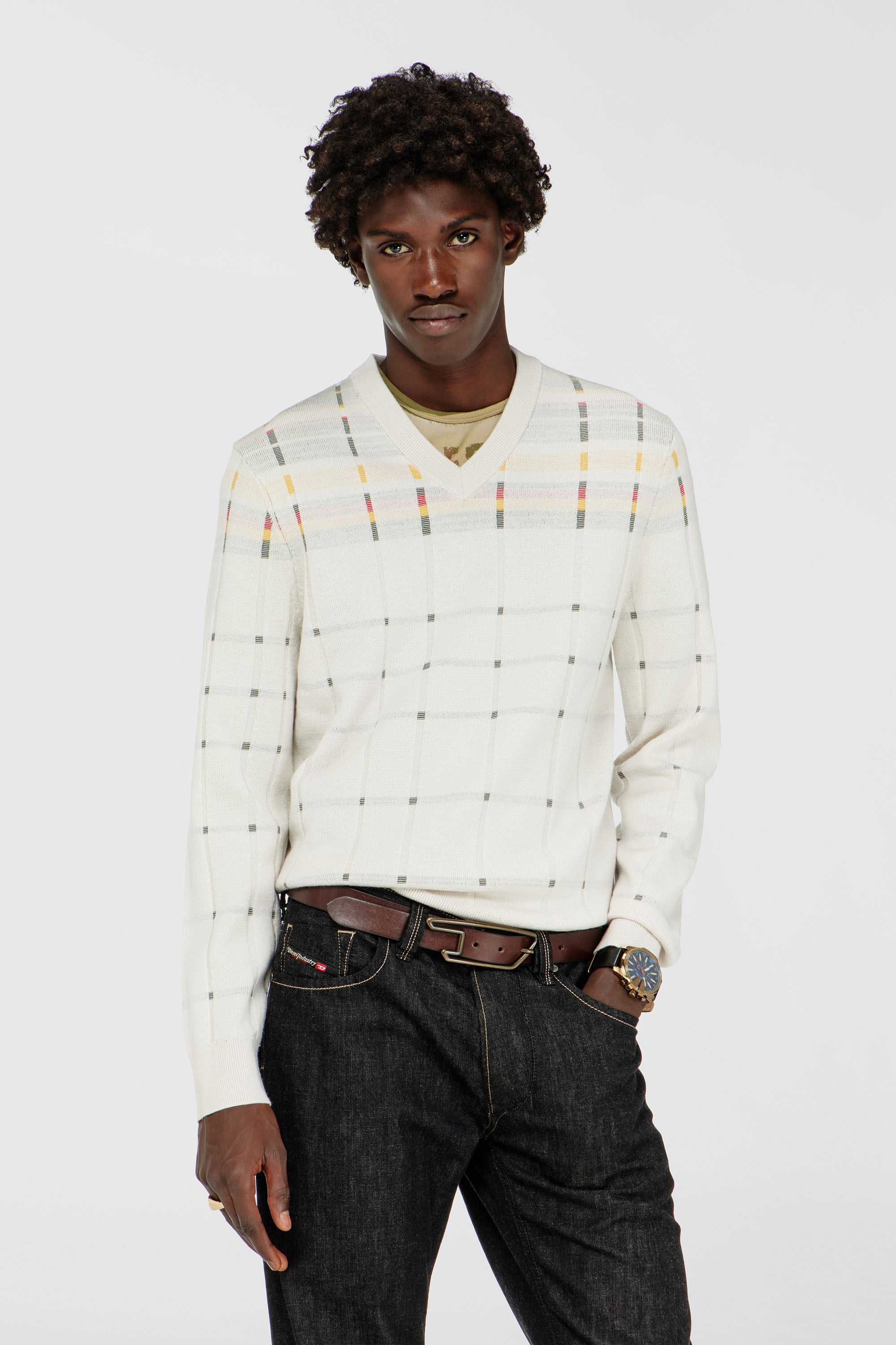 Diesel - K-ROENO, Man's Wool V-neck jumper with check effect in White - 1