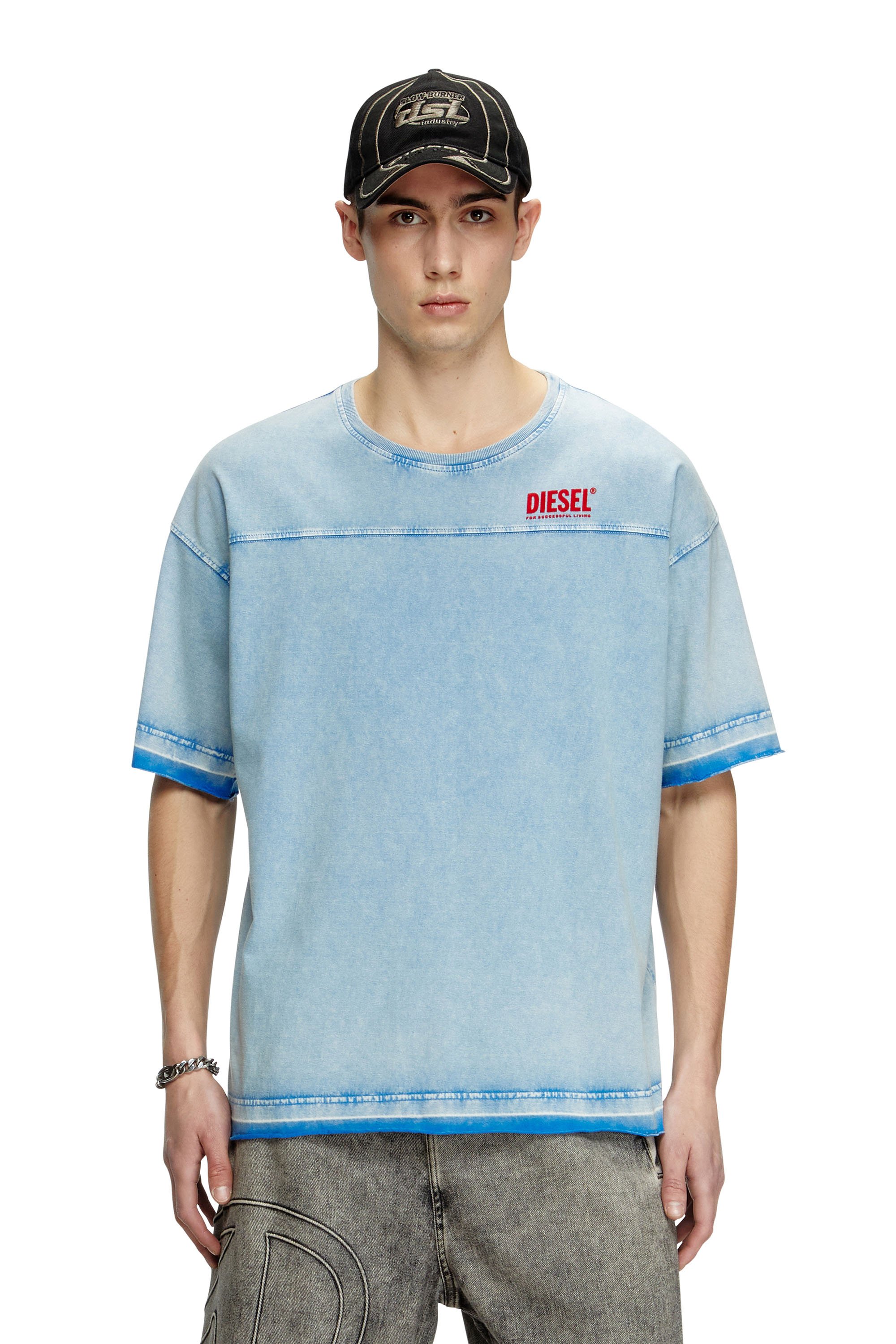 Diesel - T-HOXT, Man's Denim-look T-shirt with released hems in Light Blue - 1
