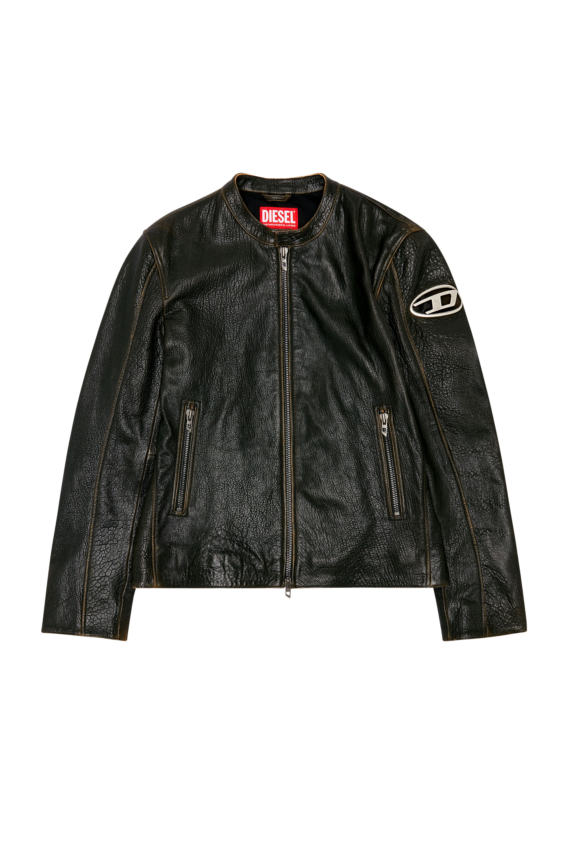 Diesel - L-COBBE, Man Biker jacket in wrinkled leather in Brown - Image 3