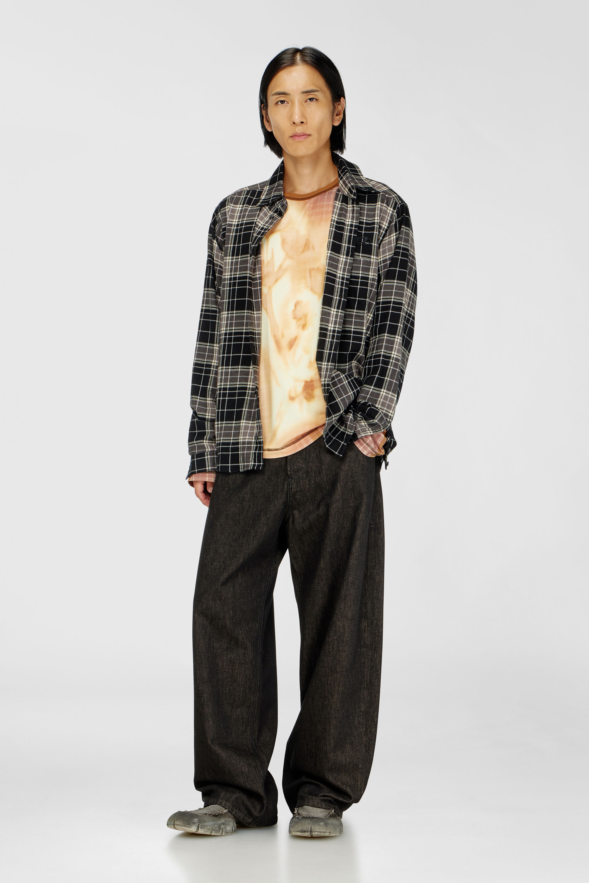 Diesel - S-SIMPLY-HNBI, Man's Distressed shirt in check flannel in Beige/Black - 1